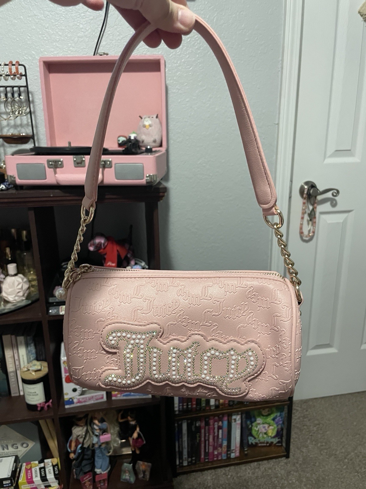 Juicy Couture Pink Logo Shoulder Bag Zip Top Pearl Accents