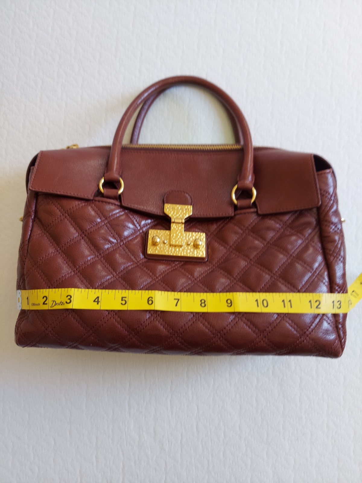 Marc Jacobs Brown Quilted Satchel Top Handle Zip/Turn Lock, Pockets Gold