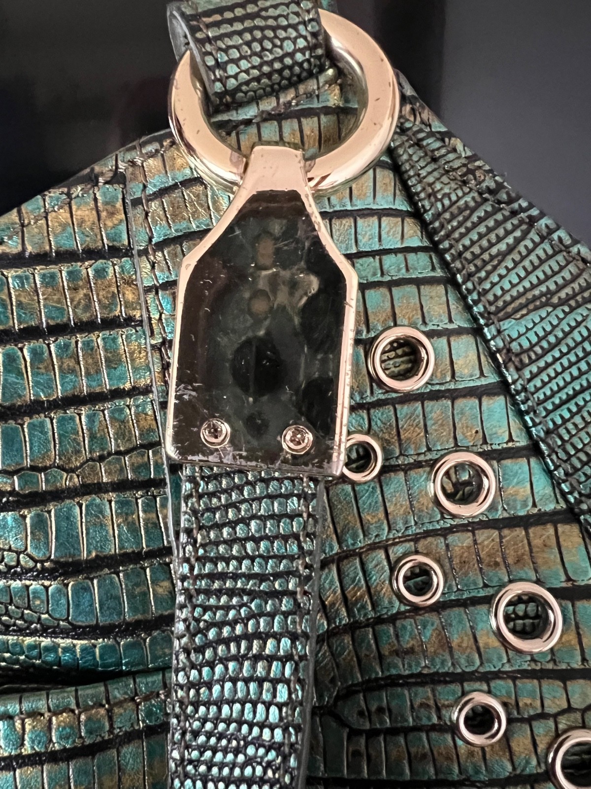 ☘️💚☘️ Brahmin Emerald Moa Marianna Purse Blue Green Gold Lizard Grommets Tassel