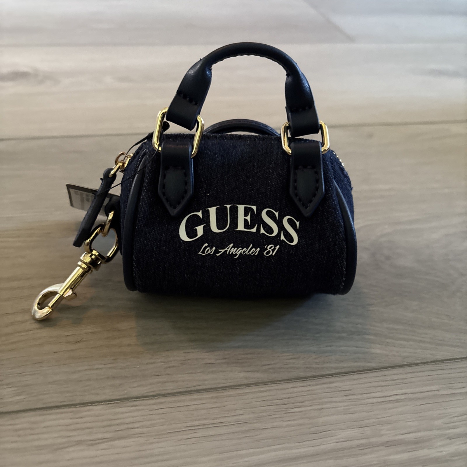 NWT GUESS Micro Bag in blue denim mini bag charm key chain gold hardware keyring