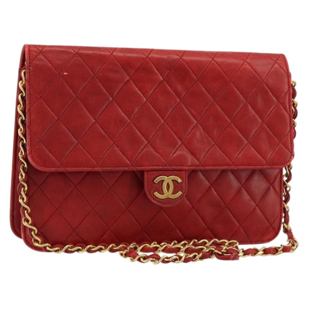 CHANEL Matelasse Chain Shoulder Bag Lamb Skin Red Gold CC Auth 181183