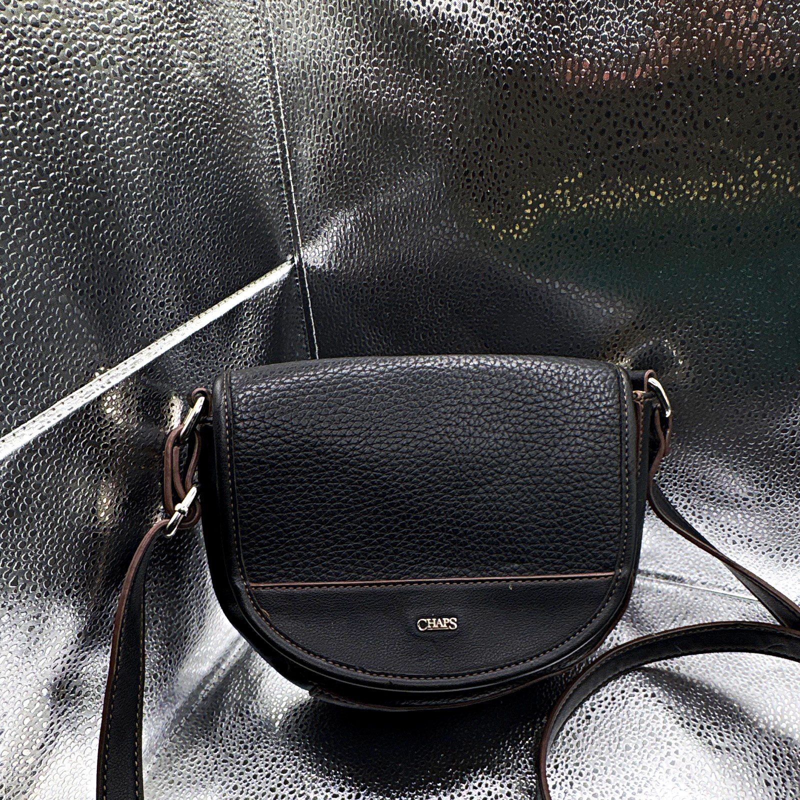 Chaps Black Pebbled Crescent Crossbody Bag Zip Closure Adjustable Strap