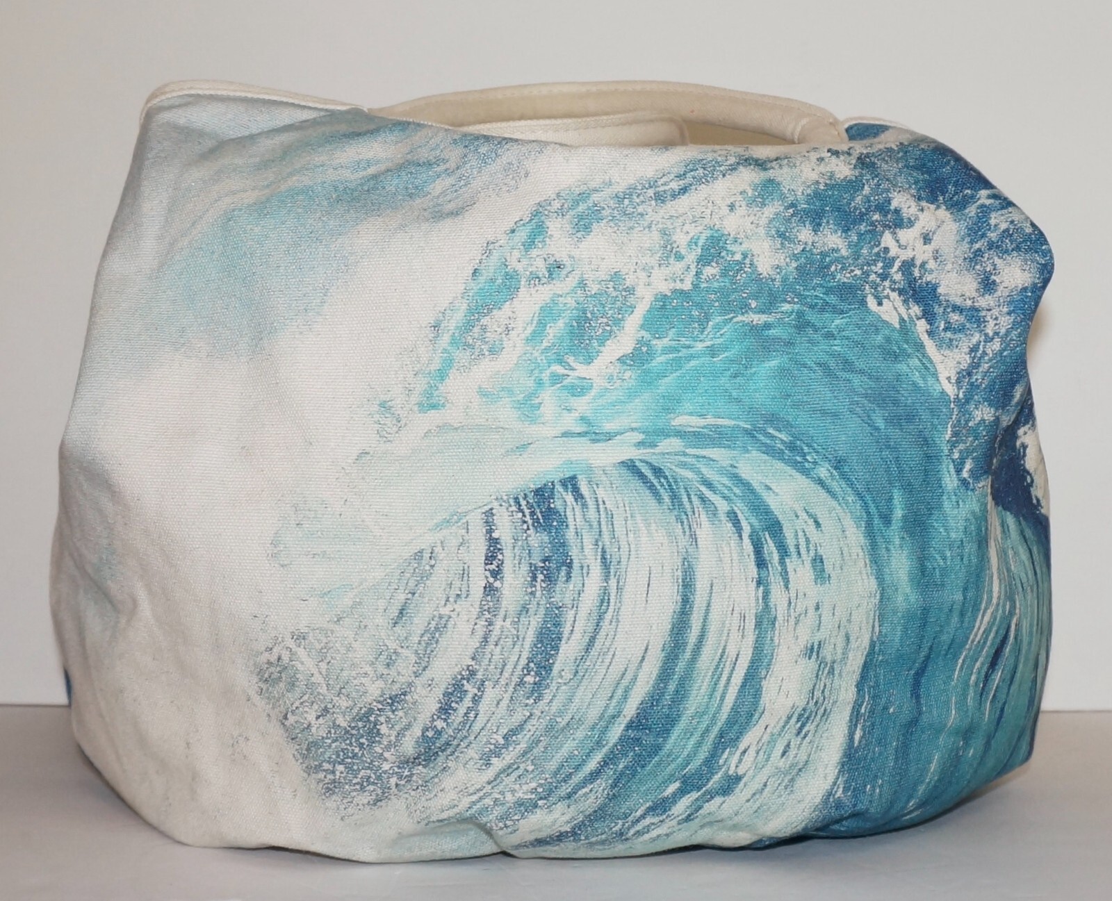 POTTERY BARN TEENS Large Ivory & Aqua Blue Canvas WAVES Tote Bag