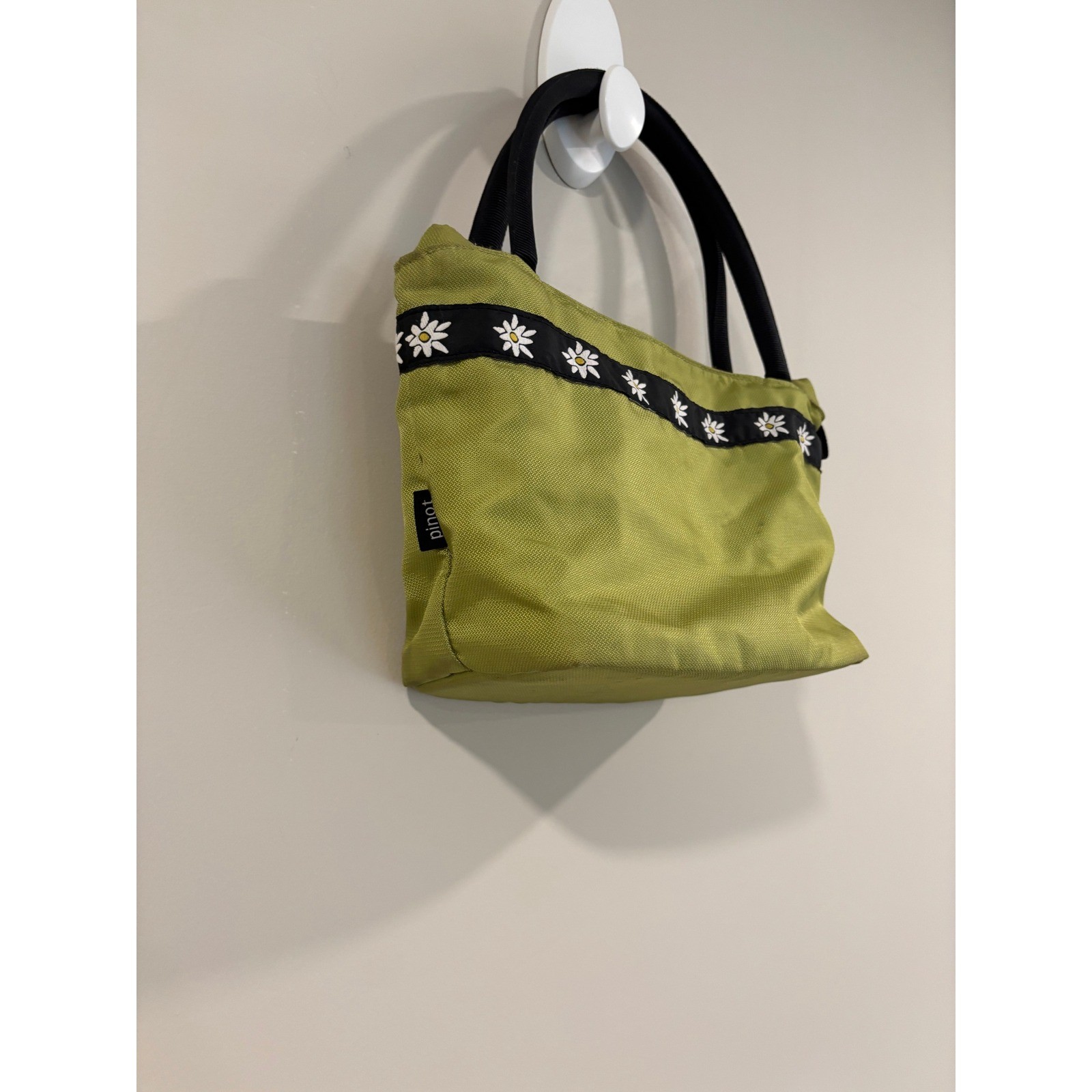 Pinot Handbag Olive Green Daisy Floral Trim Nylon Mini Tote Bag