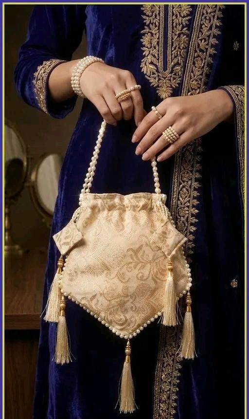 Handcrafted Velvet Bridal Potli Bag Pearl Tassel Wedding Party Ethnic Purse
