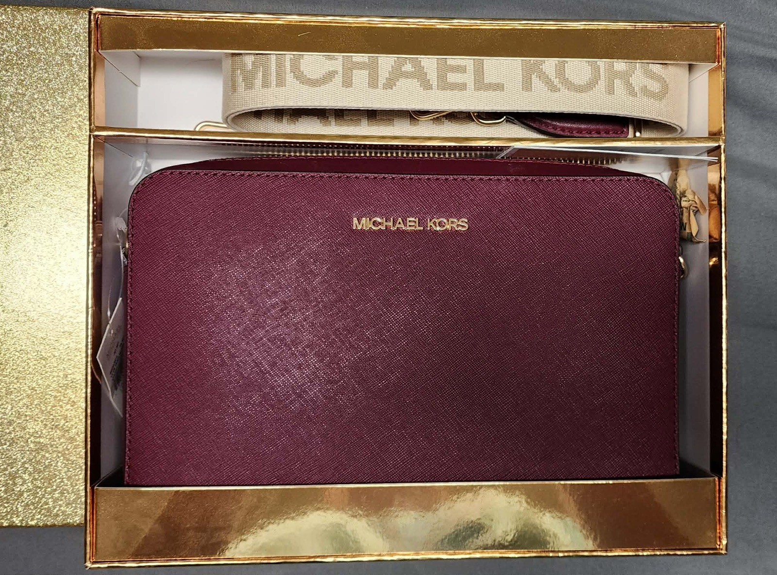 Michael Kors Jet Set Leather Crossbody Bag DK Berry Wide Strap Signature box NEW