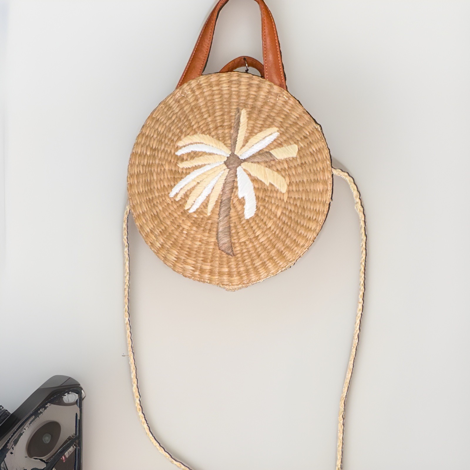 Round Woven Crossbody Bag Beige, Embroidered Palm Tree, Brown Strap, Lined