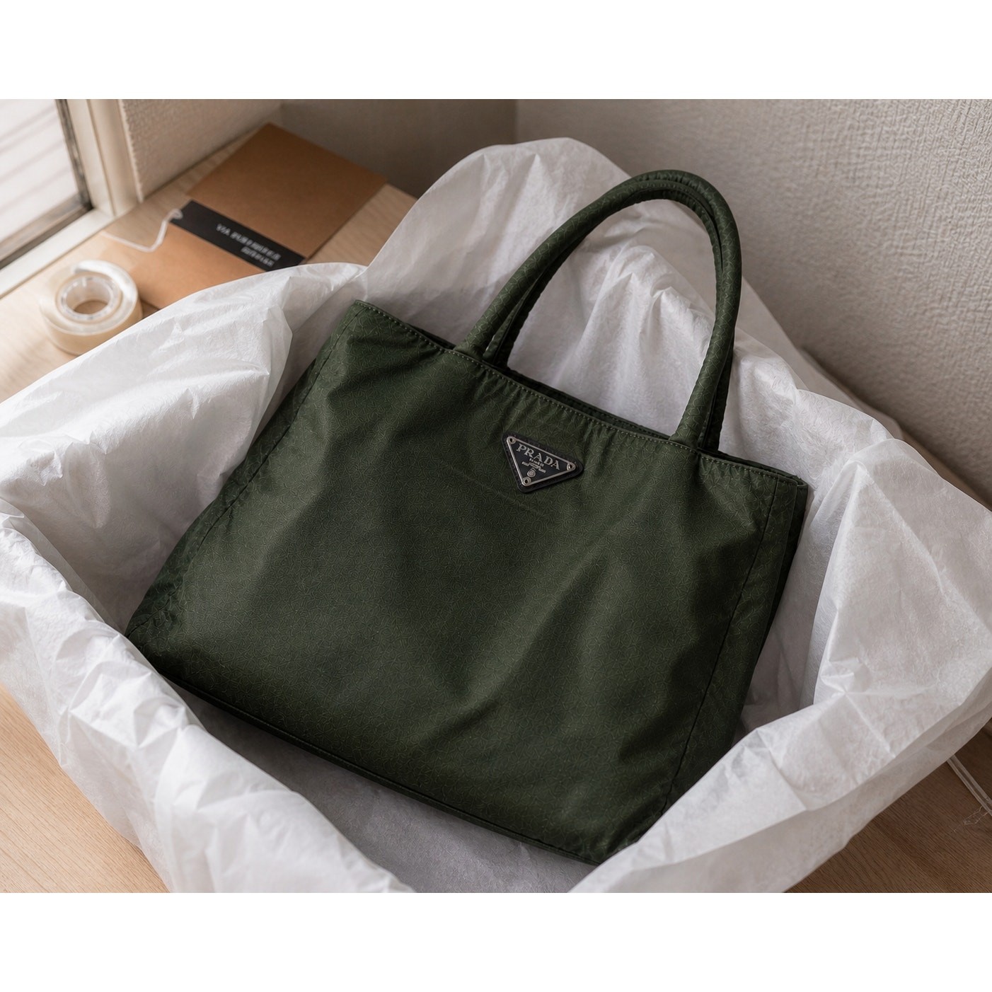 Prada Tessuto Nylon Top Handle Tote Bag Dark Green Triangle Logo