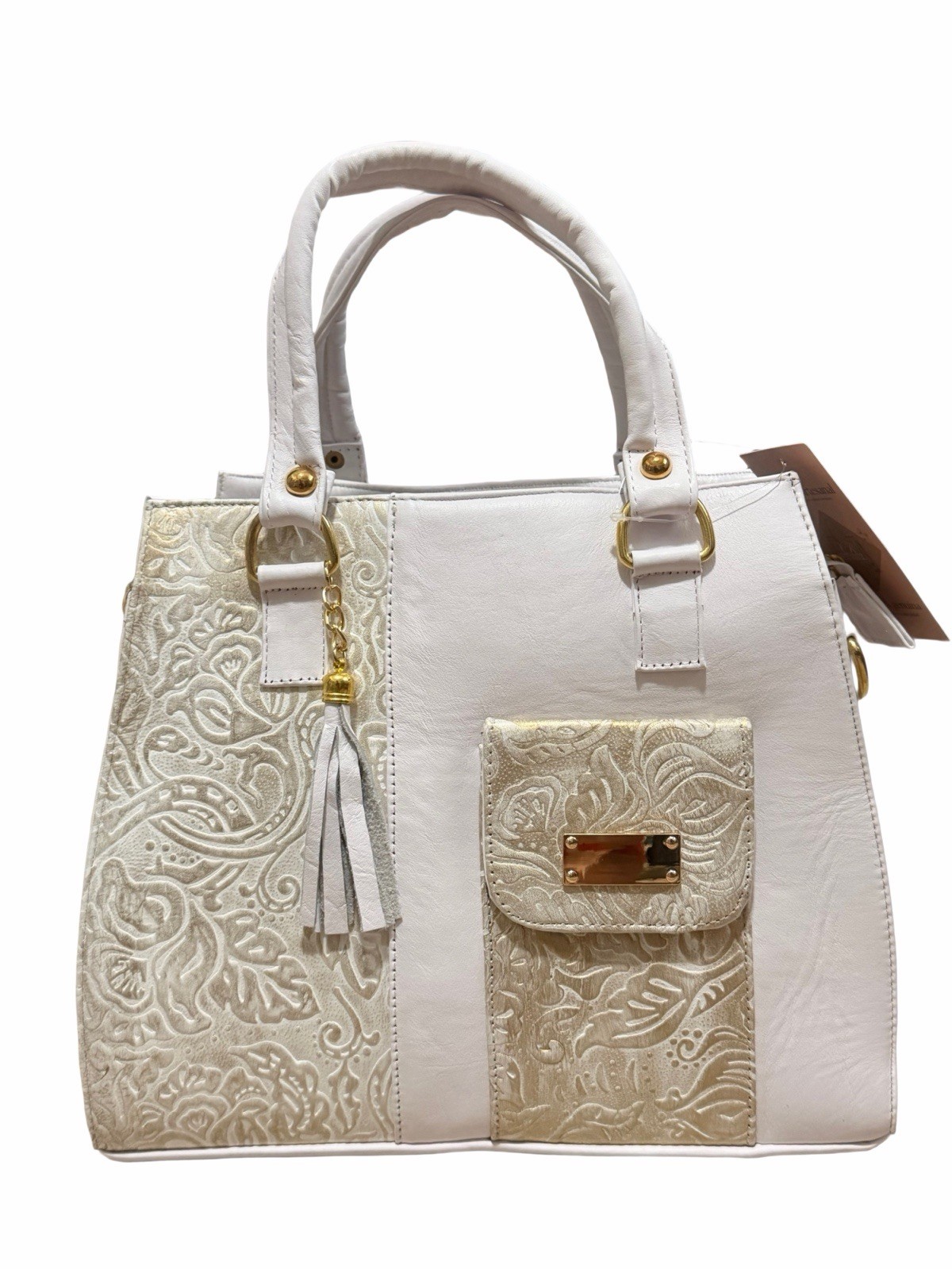 Women’s White/Beige Floral Rectangle Satchel Zip Tassel Gold Hardware
