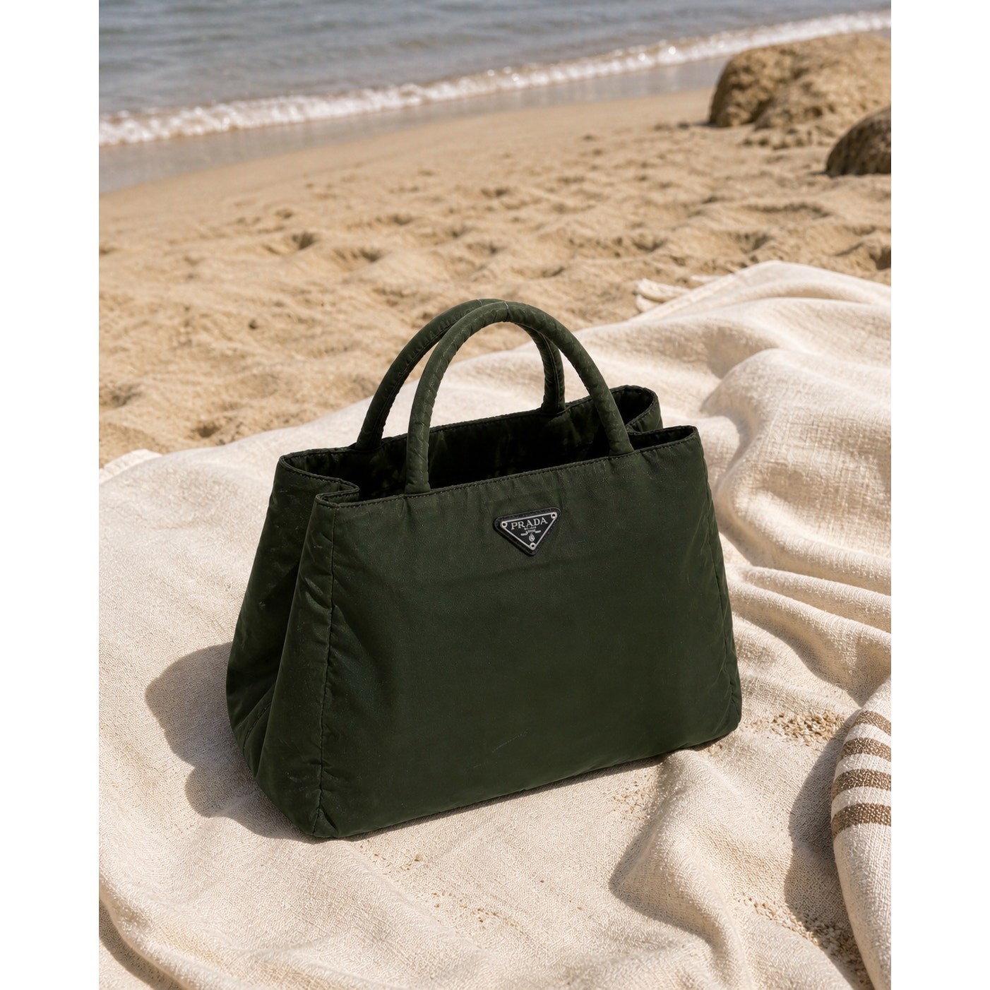 Prada Tessuto Nylon Top Handle Tote Bag Dark Green Triangle Logo