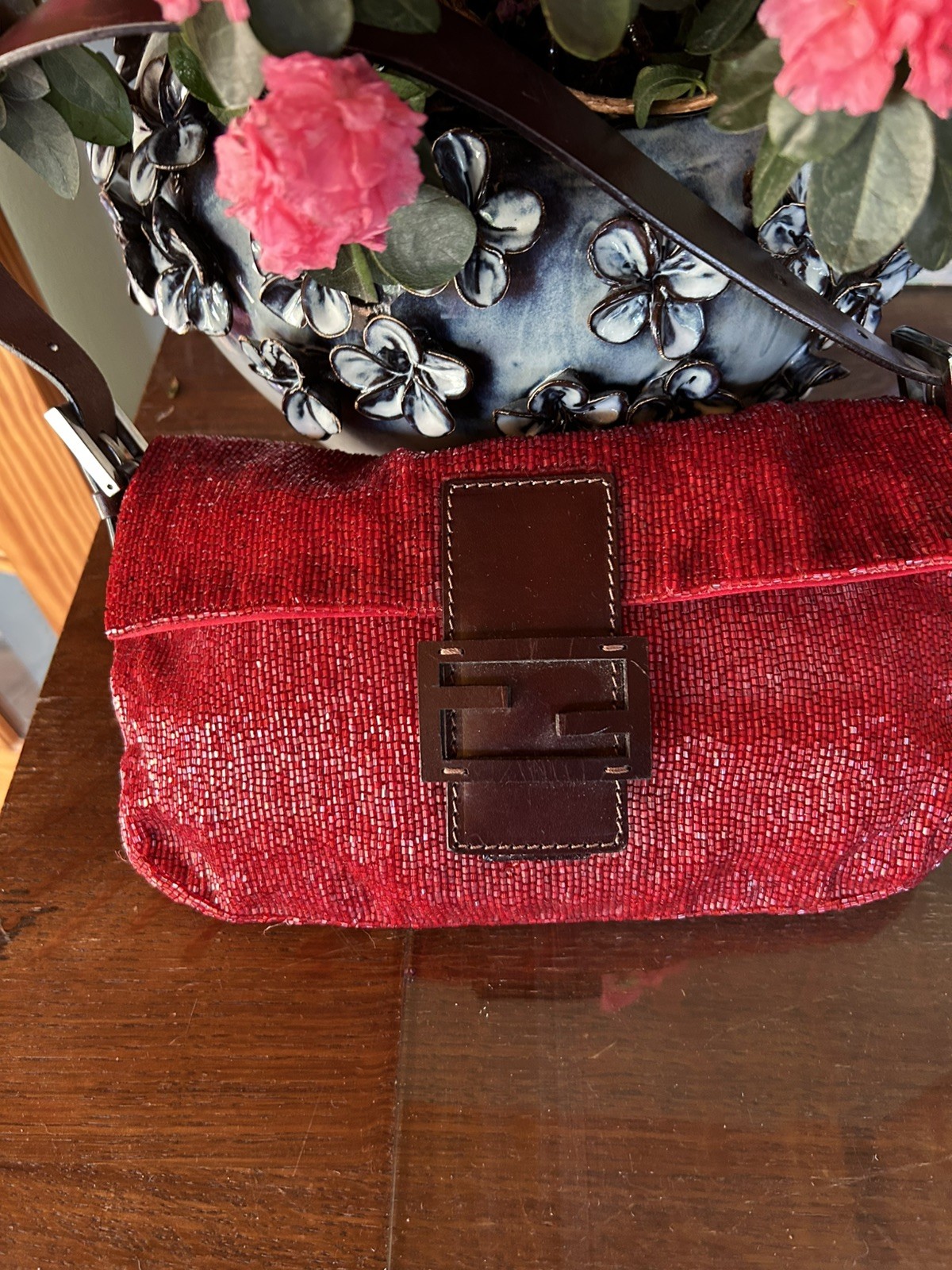 Vintage Fendi Red Beaded Baguette Bag