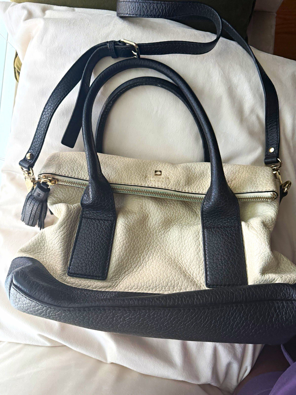 Kate Spade Pebbled Satchel Top Handle Bag Detachable Strap Striped Lining Zip