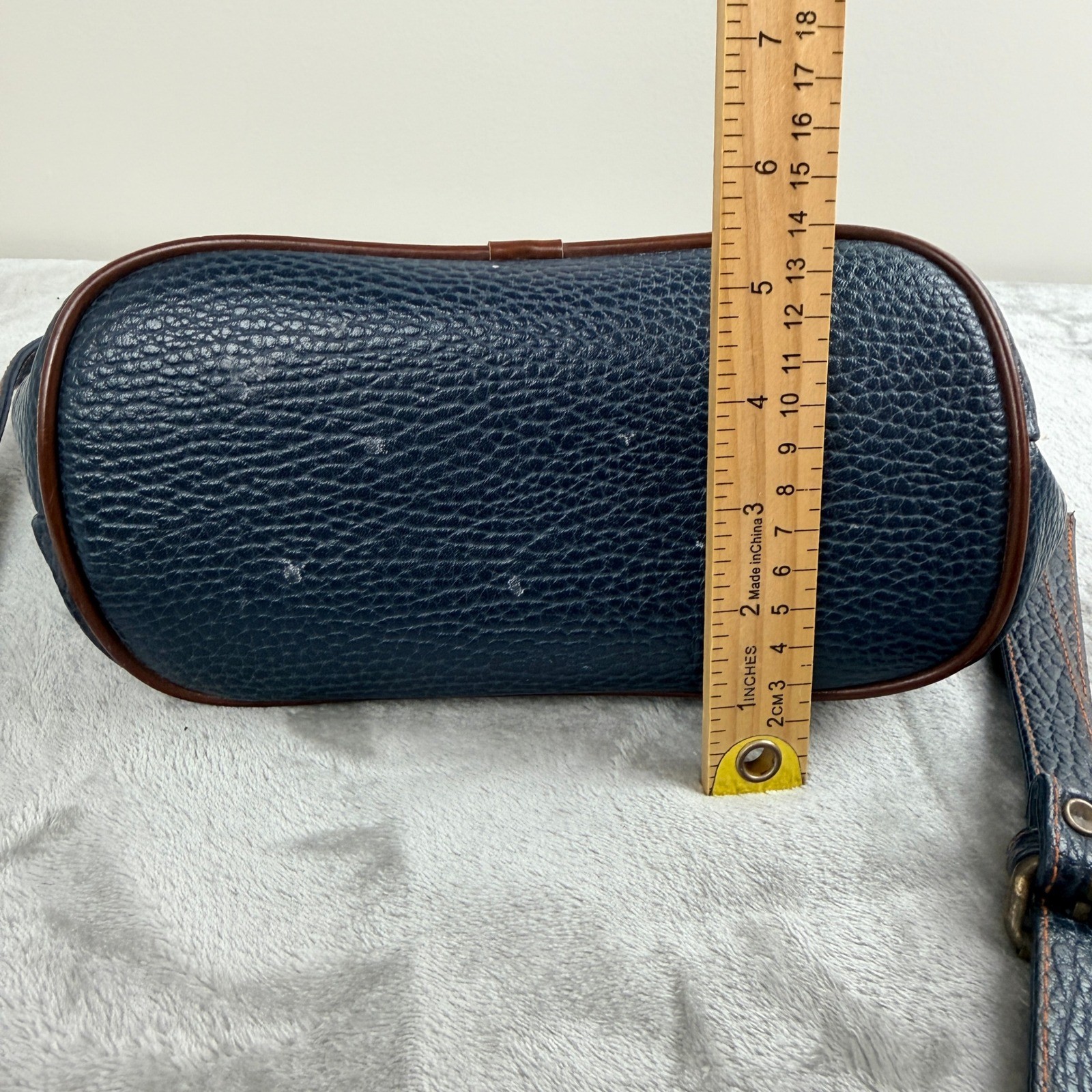 JG Hook Navy Blue Pebbled Crossbody Bucket Bag Brown Trim Vintage Nautical Style