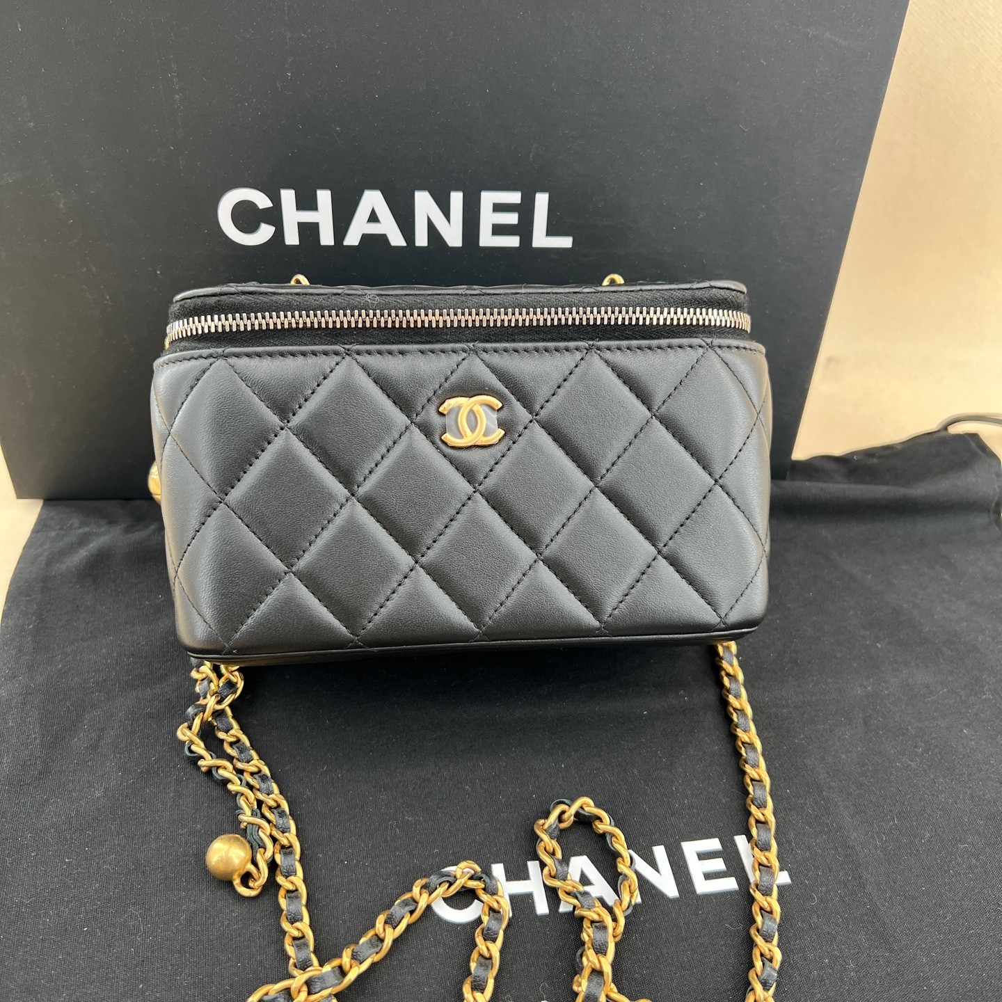 Chanel Gold Ball Vanity Case Normal Size Black Lambskin Crossbody Duty Paid