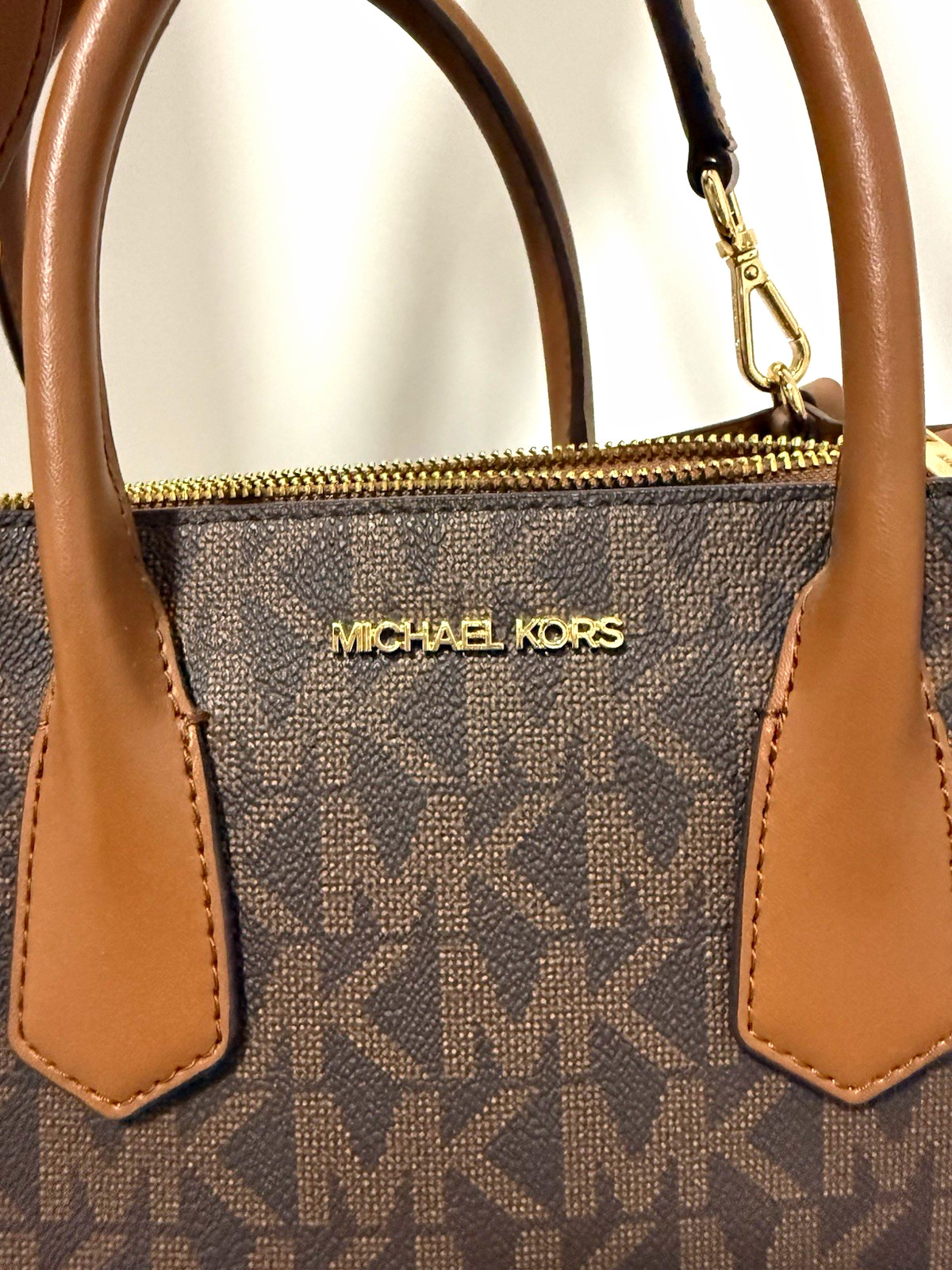 Michael Kors Brown Monogram Satchel Top Handle Zip Bag w/ Detachable Strap