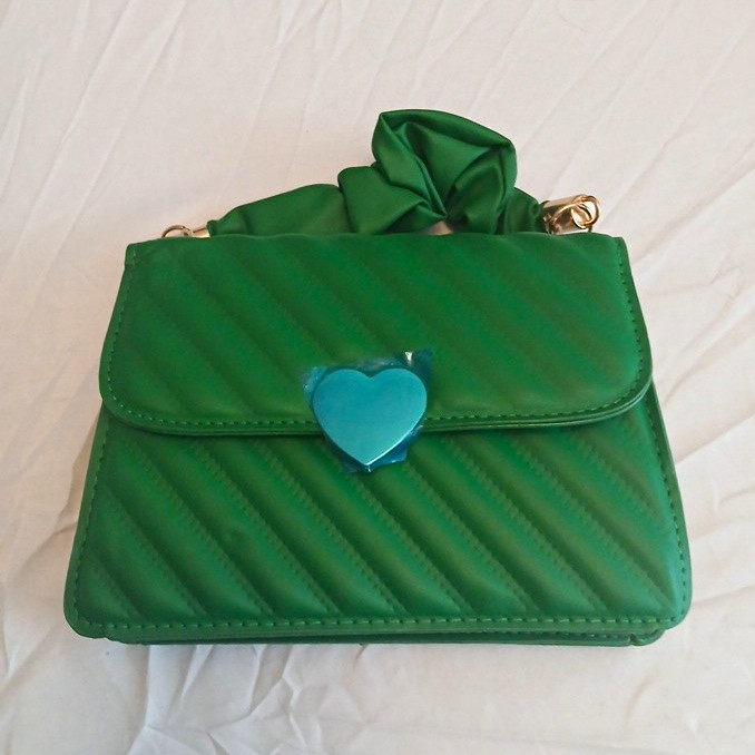 Women’s Green Small Quilted Top Handle Bag Detachable Strap, Heart, Gold