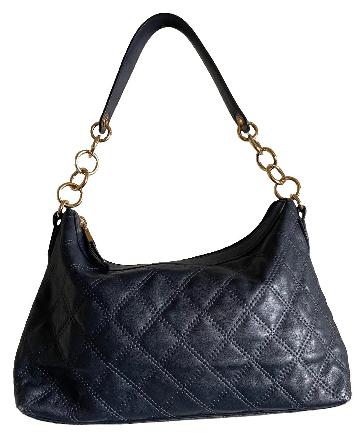 Talbots Navy Quilted Genuine Leather Hobo Shoulder Bag Gold Chain Link Accents