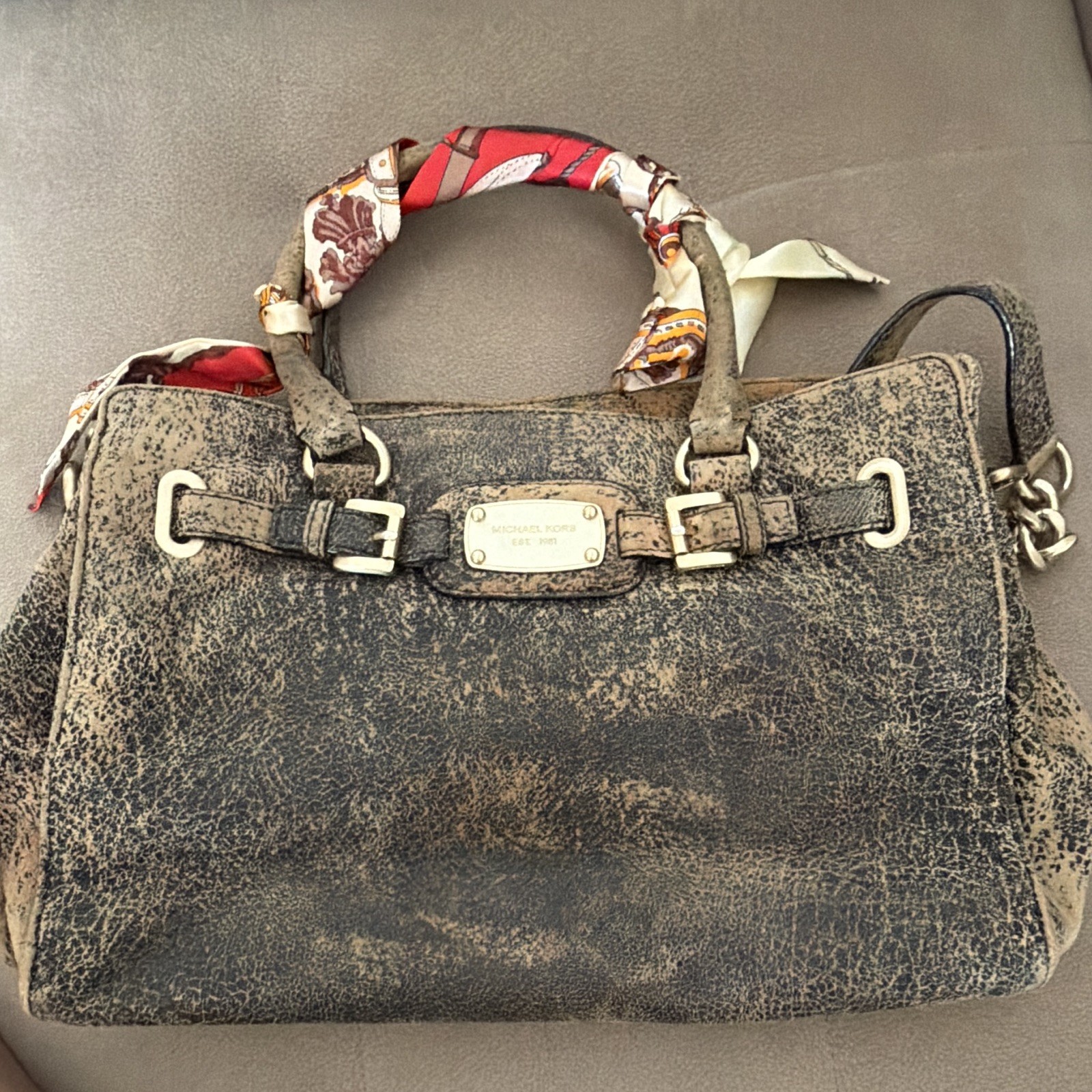 Michael Kors Women’s Large Distressed Logo Satchel Top Handle, Gray/Beige