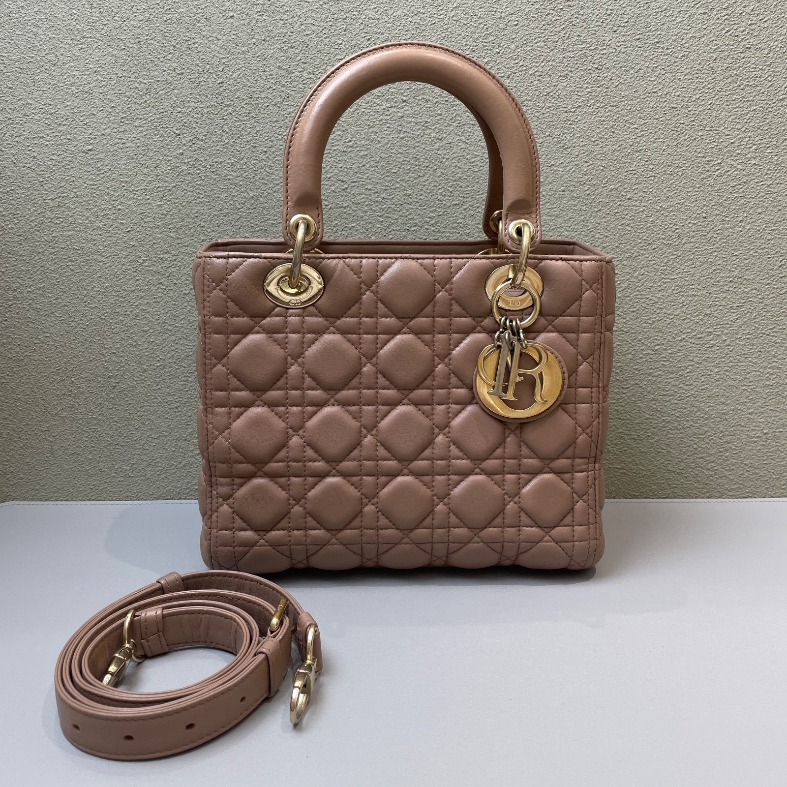 Dior Lady Dior Pink Lambskin Top Handle & Shoulder Bag with Gold-Tone Hardware.