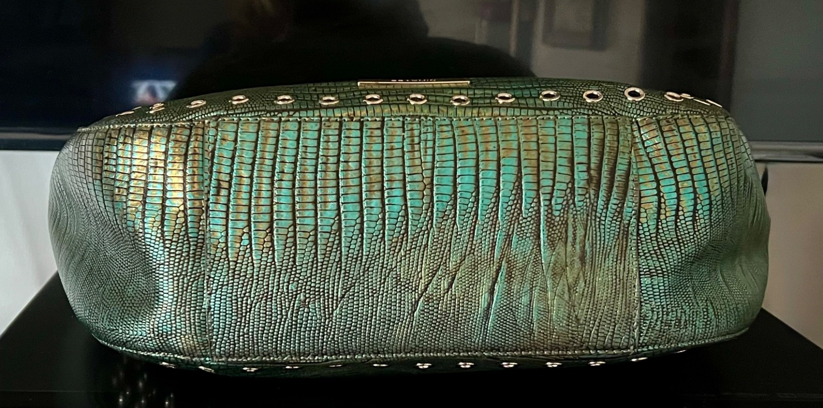 ☘️💚☘️ Brahmin Emerald Moa Marianna Purse Blue Green Gold Lizard Grommets Tassel