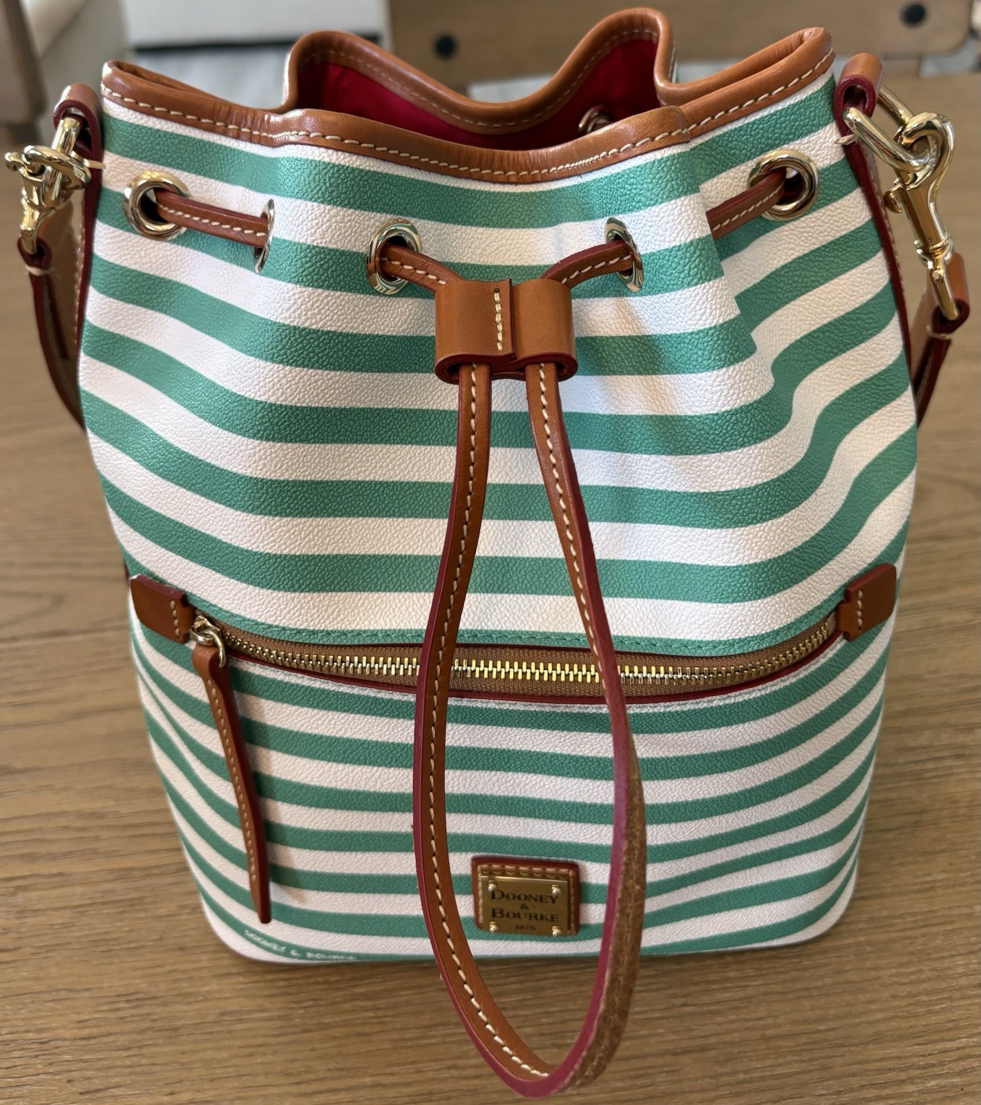 Dooney & Bourke Sullivan Stripe Drawstring Bucket Crossbody Green/White Leather