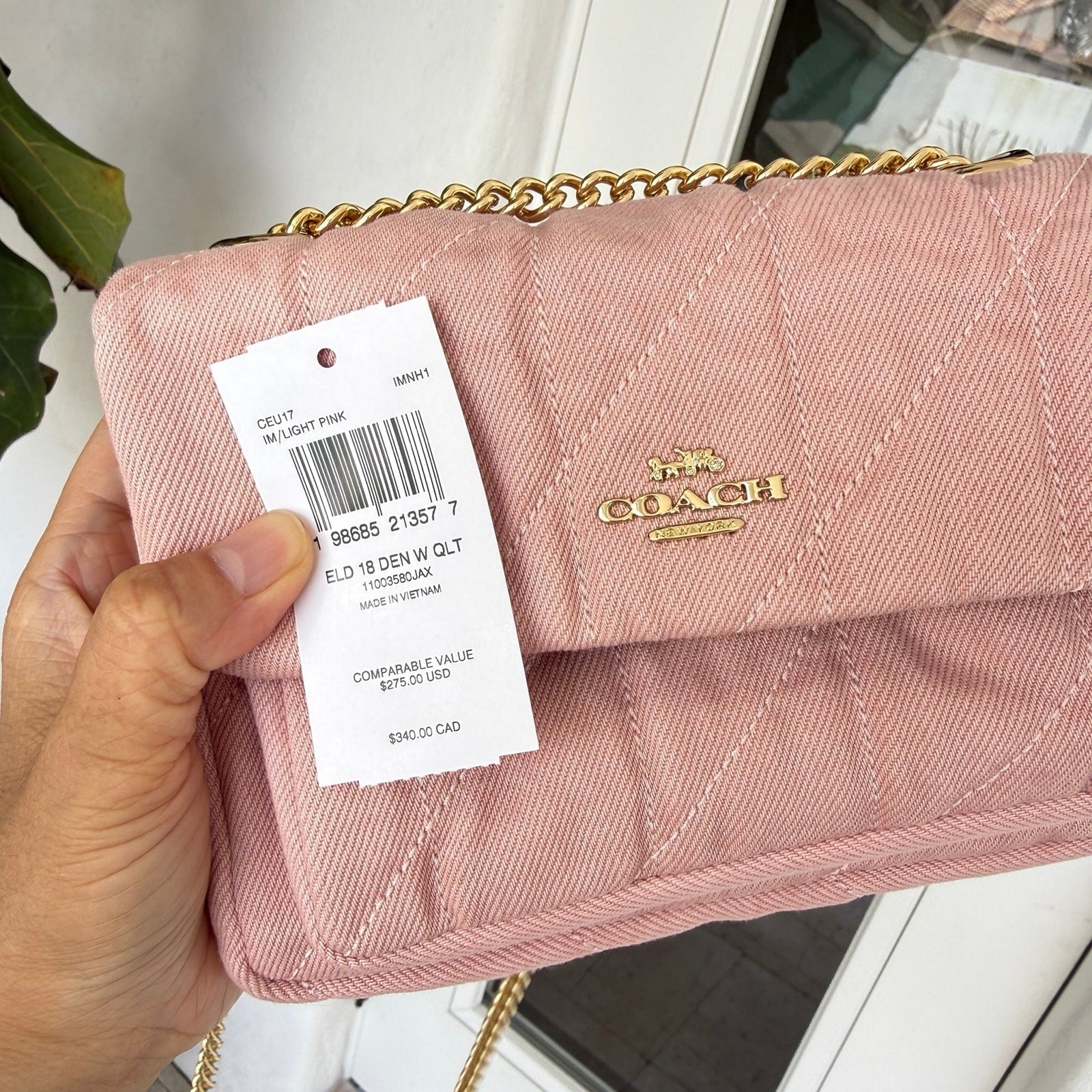 Coach Elodie Crossbody Bag 18 In Loved Denim With Quilting CEU17 Gold/Light Pink