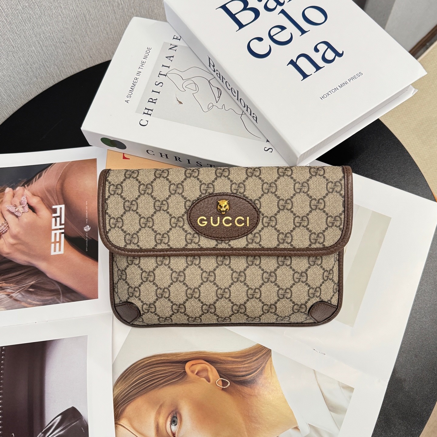 Gucci Neo Vintage Tiger Normal Size Beige Brown GG Canvas Waist Crossbody Bag US