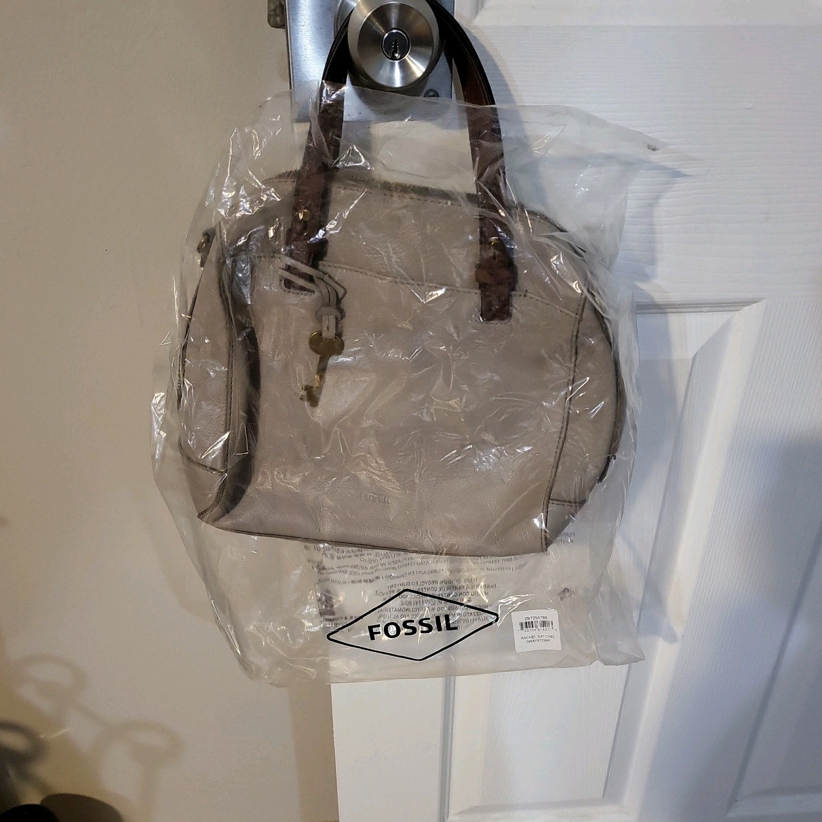 Fossil Rachel Satchel Greige Brown Handles Zip Detachable Crossbody Strap Key