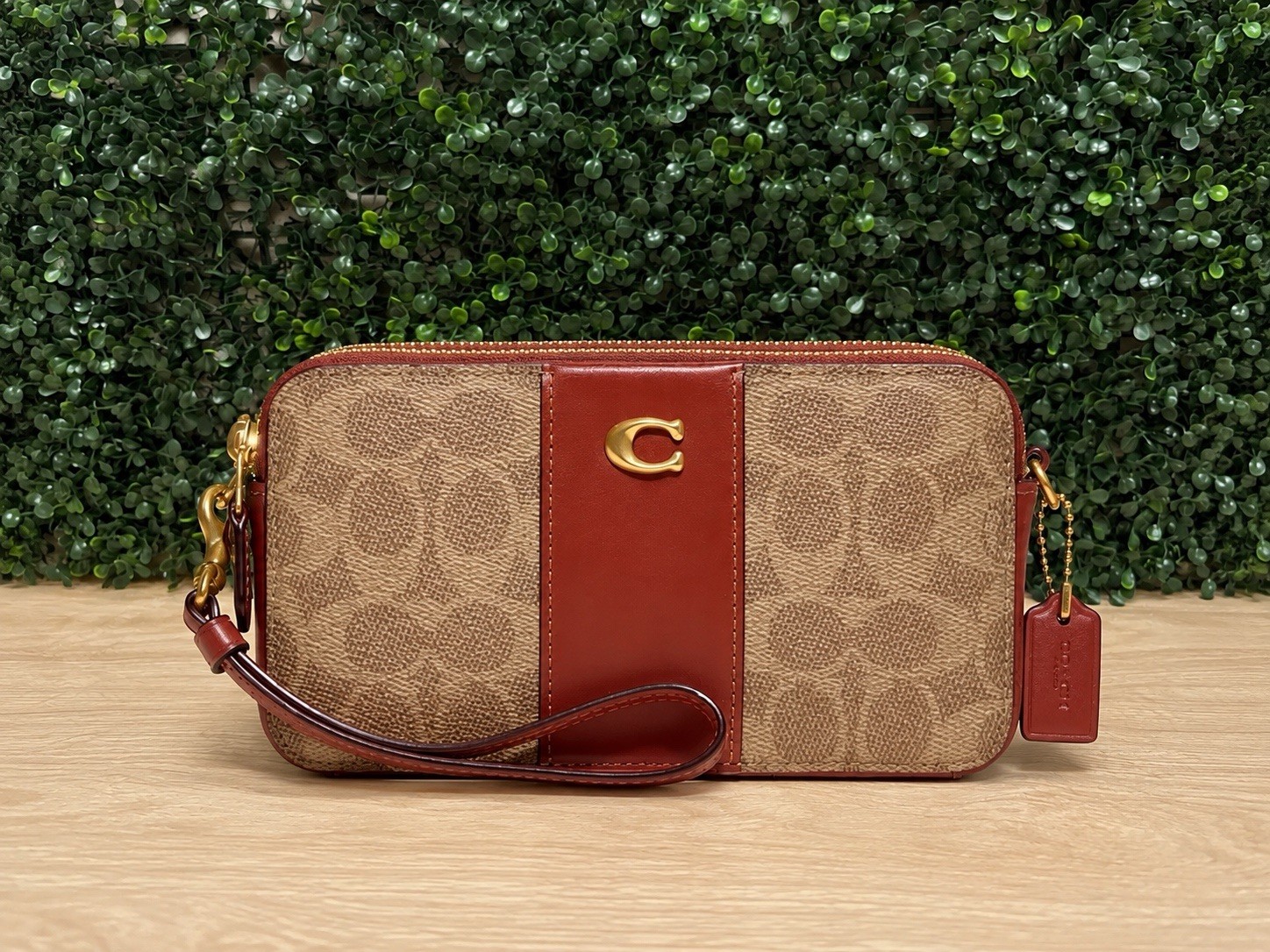 Coach Signature Canvas Wristlet Crossbody Bag – Tan and Rust Brown