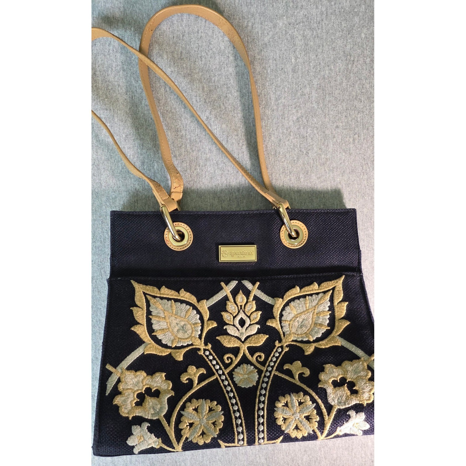 Spartina 449 Navy Blue Linen Embroidered Floral Shoulder Bag Tote Gold Hardware