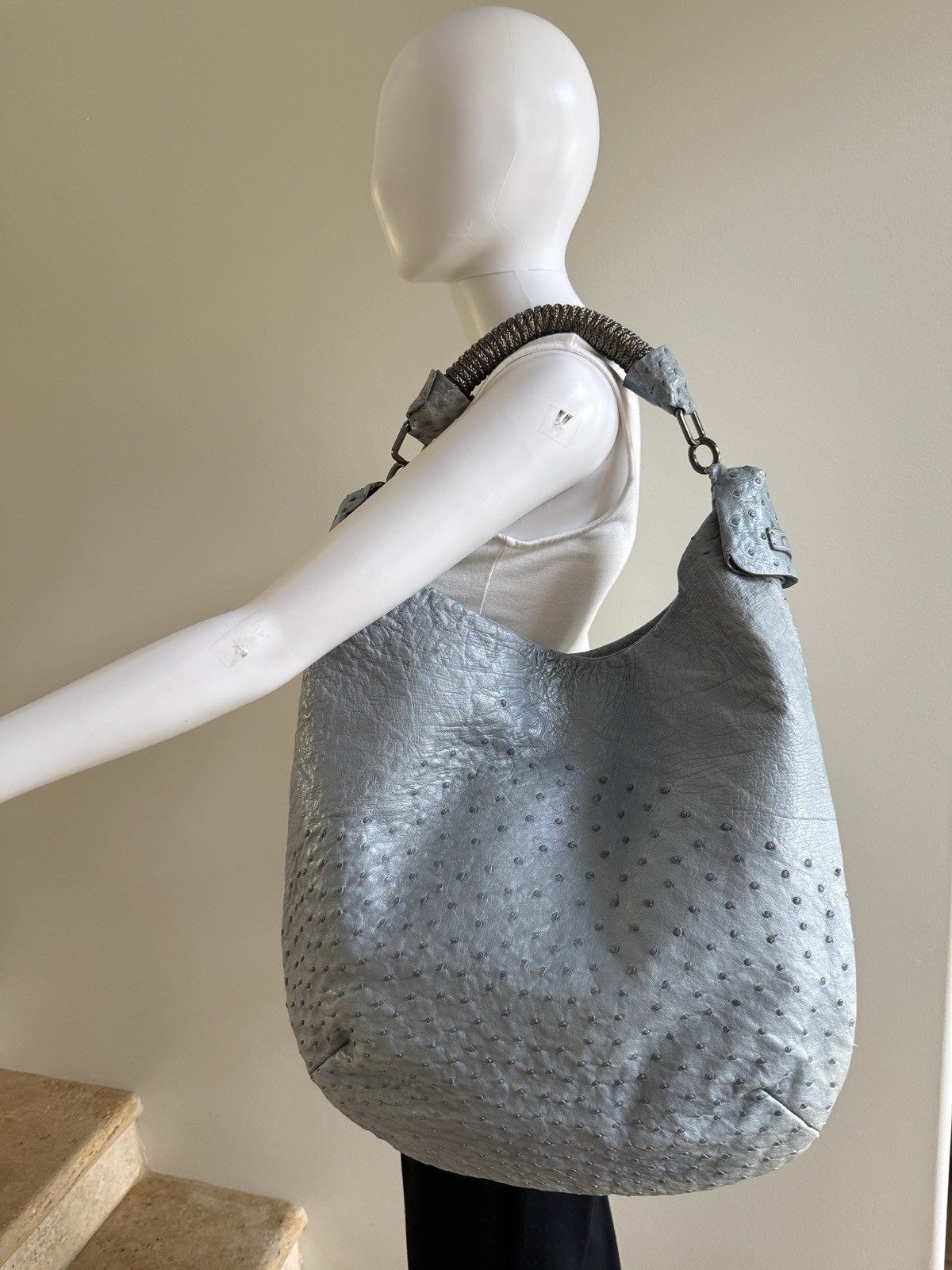 NUTI Ostrich Hobo Shoulder Bag Handbag, Light Blue