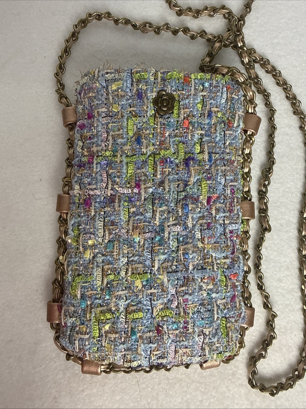 Montana West Tweed Crossbody Phone Bag Chain Strap Blue Gold Small Purse Womens