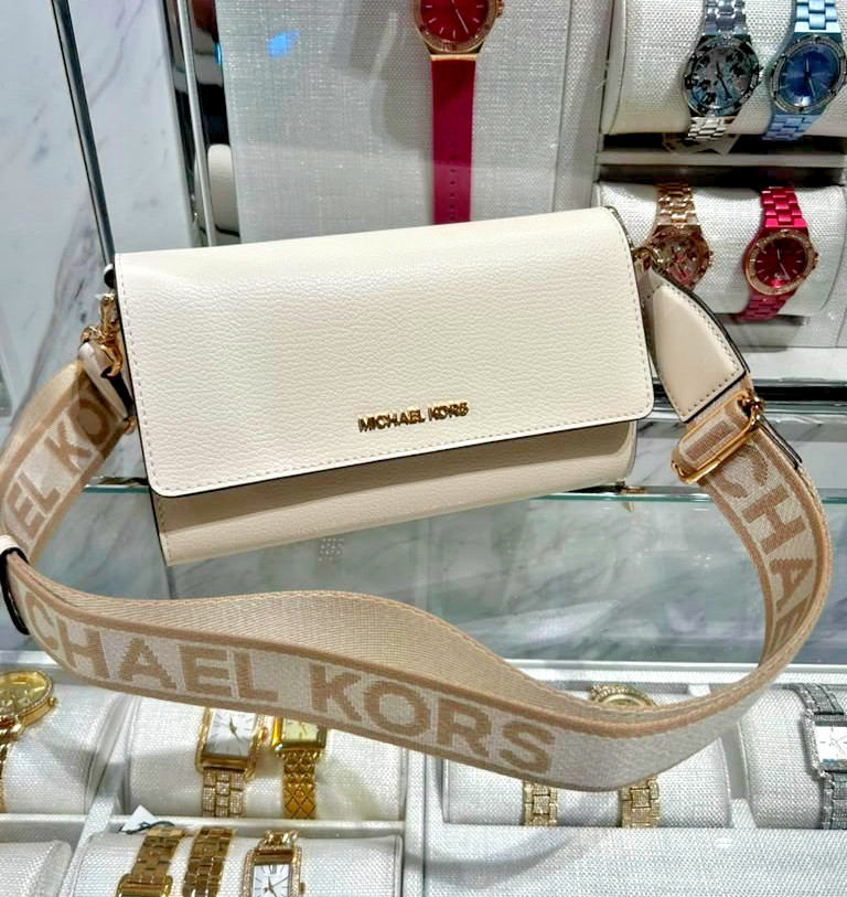 Michael Kors Women Large Jet Set Leather Zip Crossbody Purse Bag Light Cream