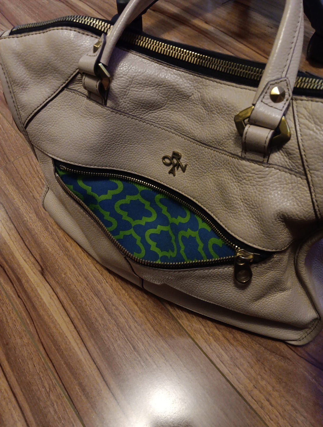 orYANY Beige Pebbled Leather Zipper Pockets Woven Top Handle Satchel Bag