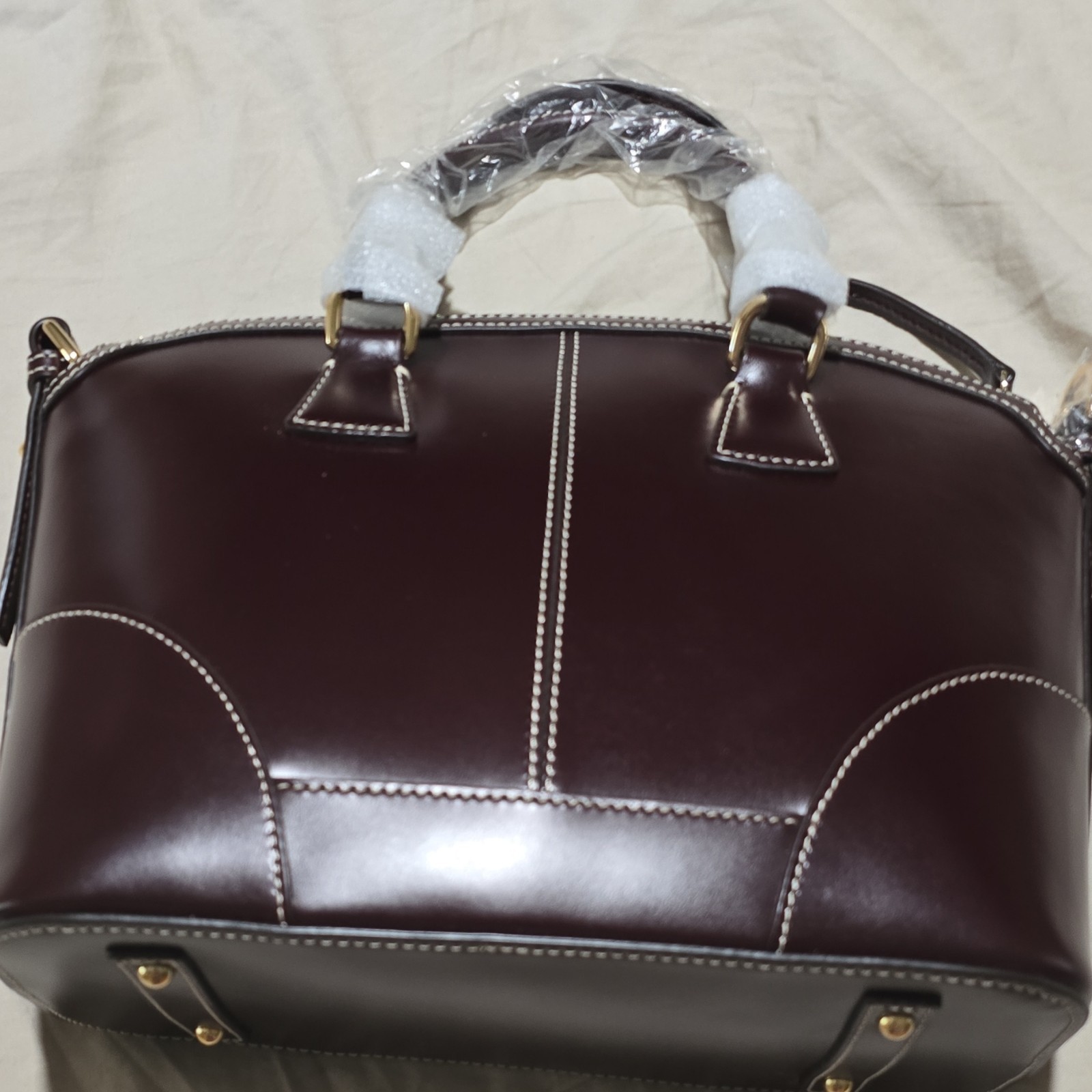 Dooney & Bourke Dark Brown Satchel Top Handle Bag Gold Hardware Logo Plate