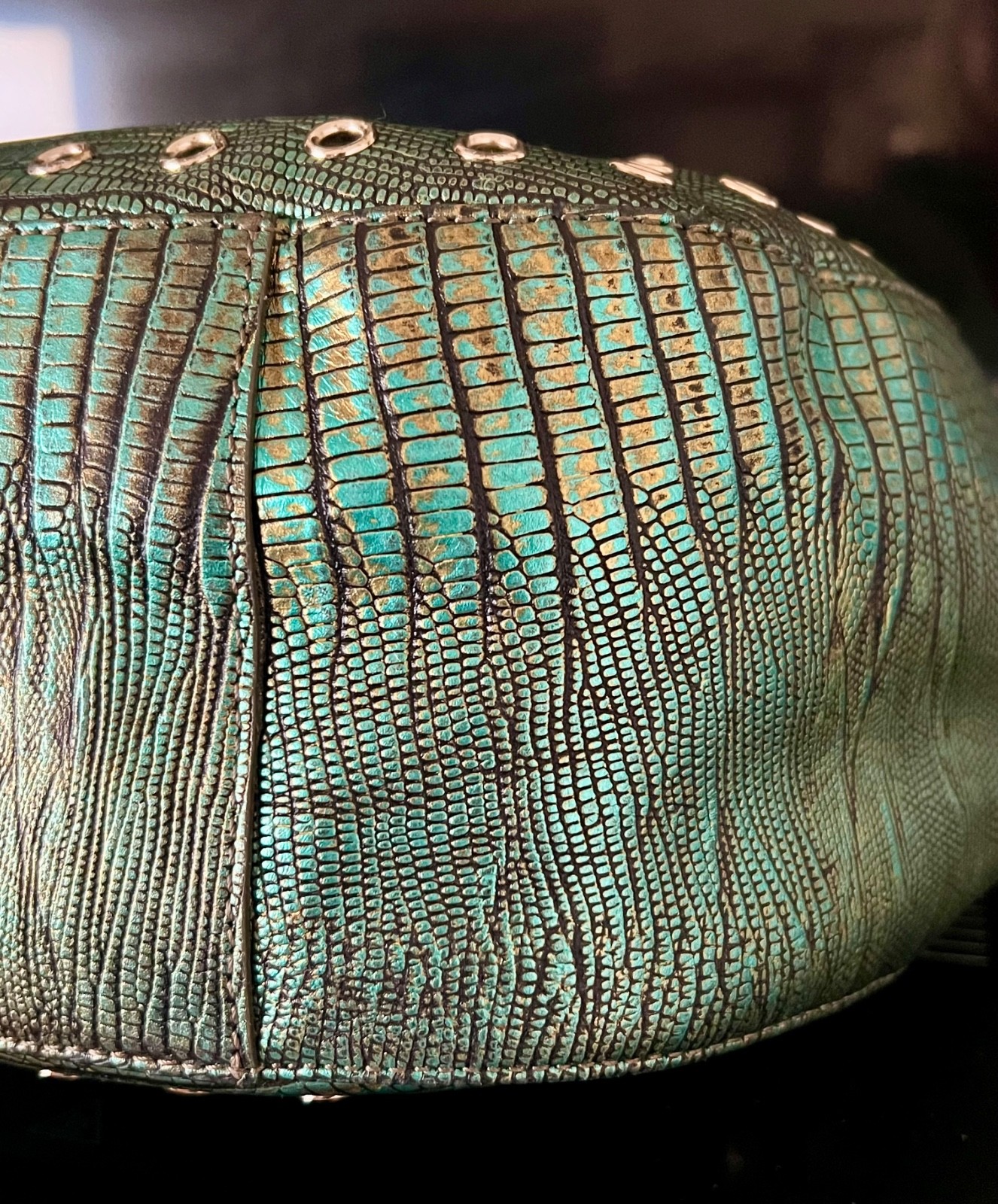 ☘️💚☘️ Brahmin Emerald Moa Marianna Purse Blue Green Gold Lizard Grommets Tassel