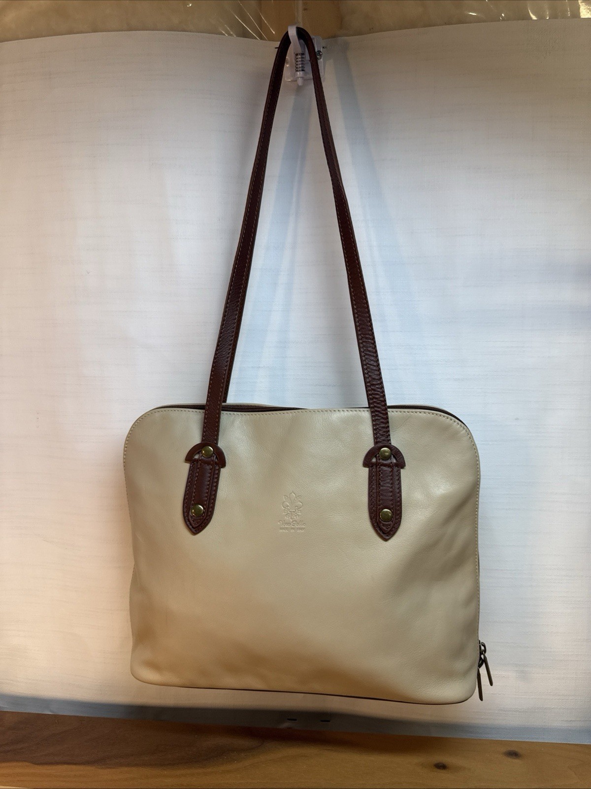 Borse In Pelle Italy Cream Brown Pebbled Genuine Leather Tote Shoulder Bag