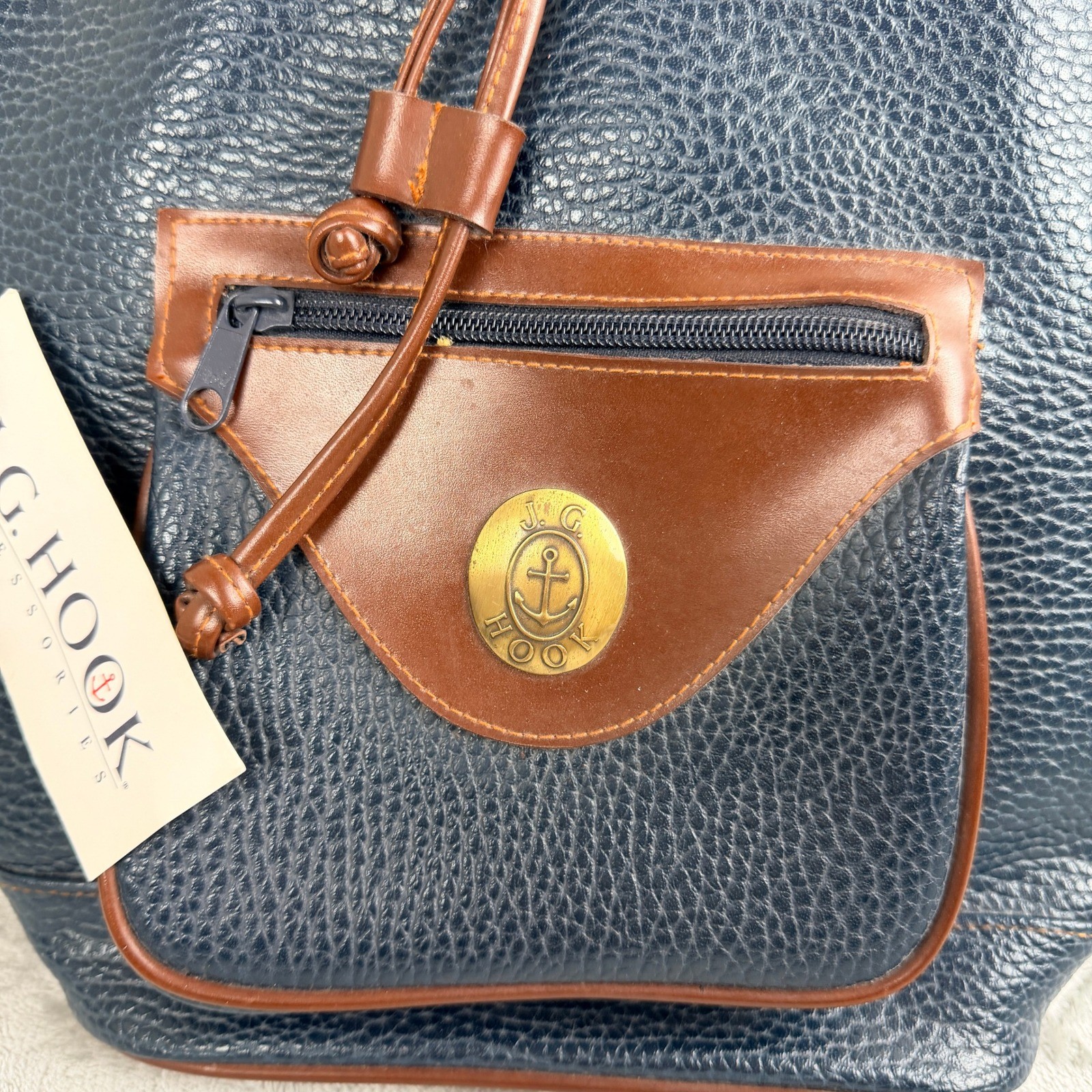 JG Hook Navy Blue Pebbled Crossbody Bucket Bag Brown Trim Vintage Nautical Style