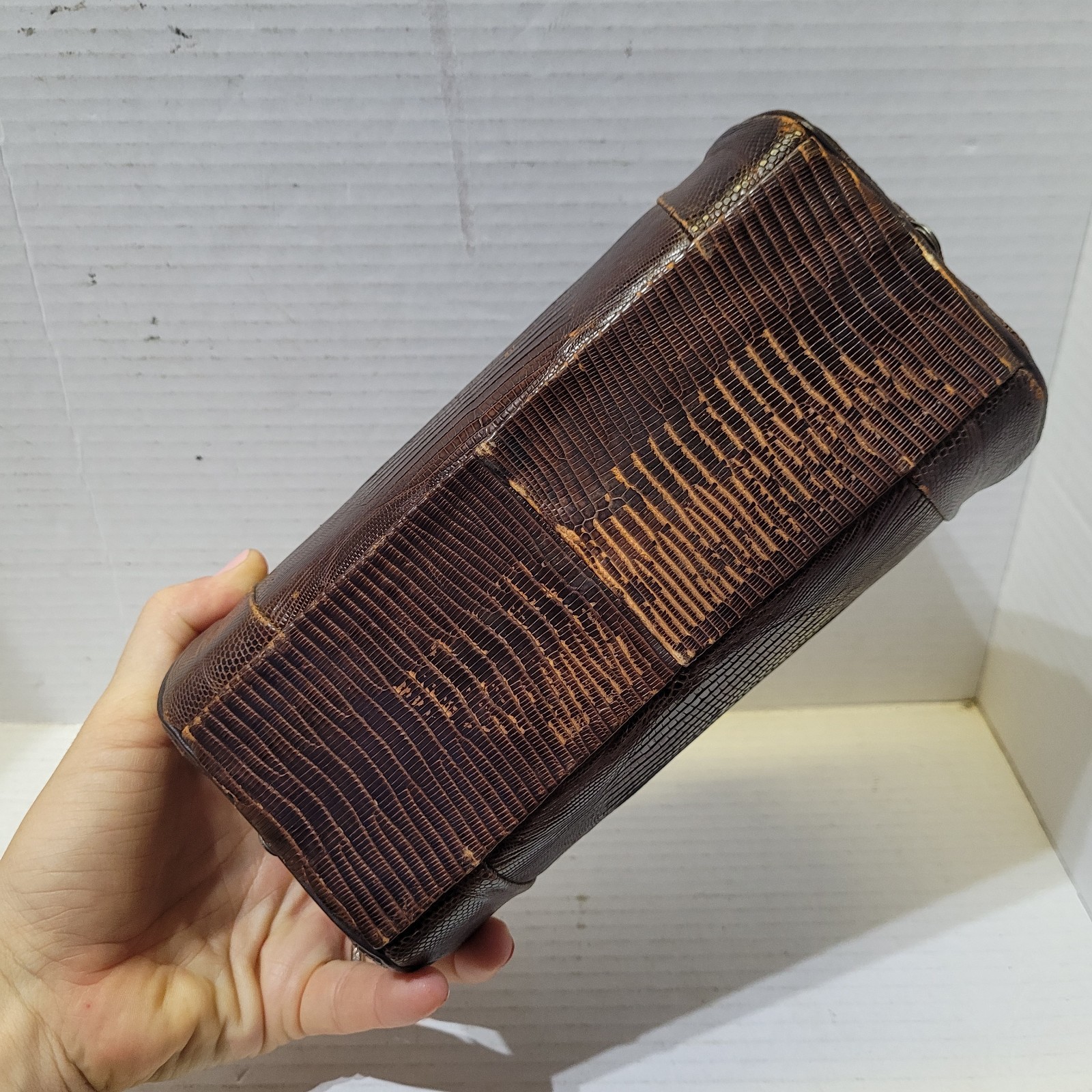 Exotic Reptile Handbag Brown Box Style 8in Vintage