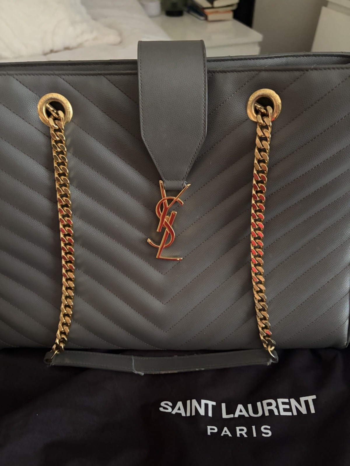 Saint Laurent Gray Chevron Quilted Shoulder Bag Gold Chain Strap Dust Bag