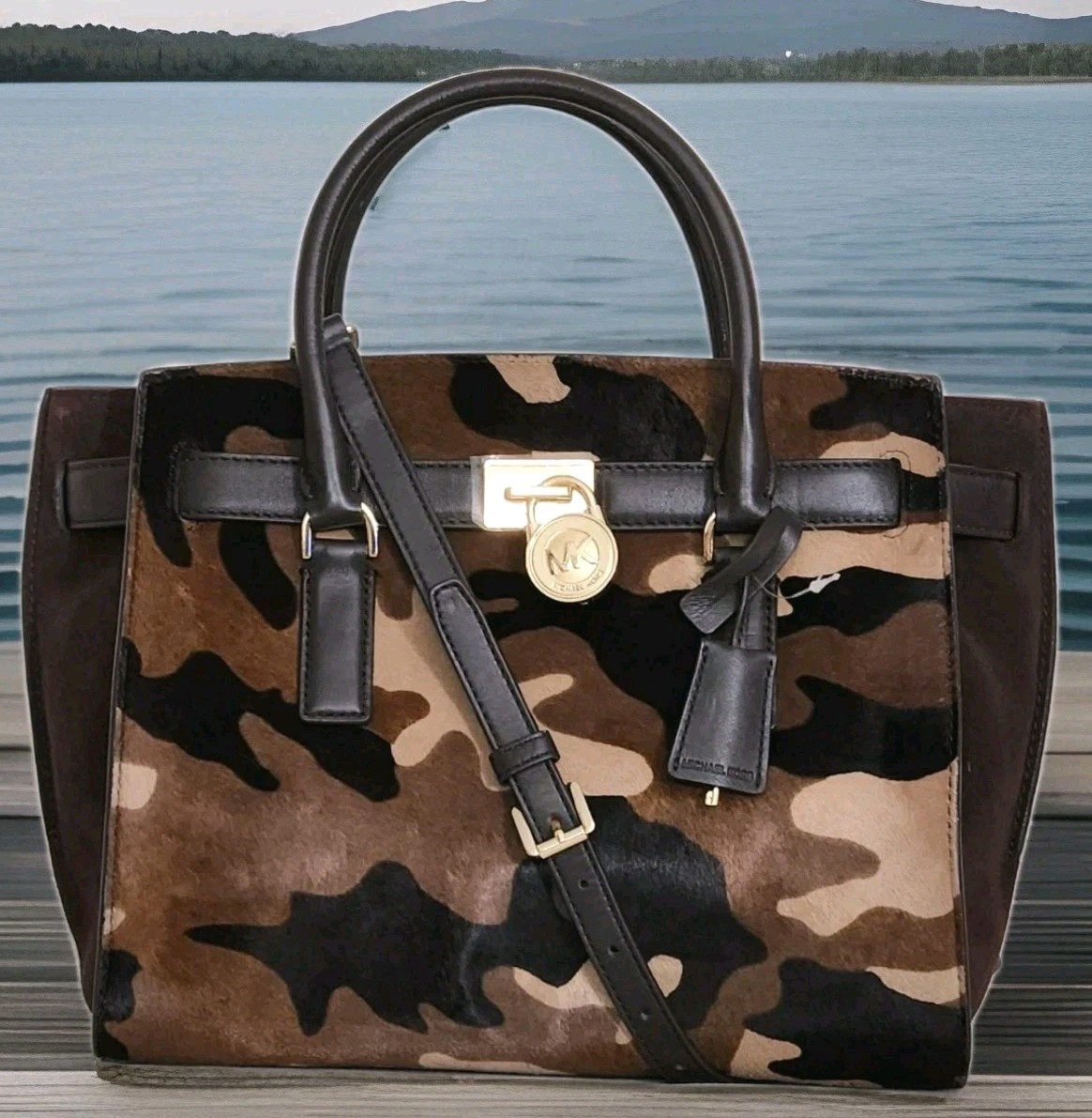 🌞MICHAEL KORS LARGE HAMILTON TRAVELER CAMOUFLAGE BROWN HAIRCALF TOTE BAG🌺NWT!