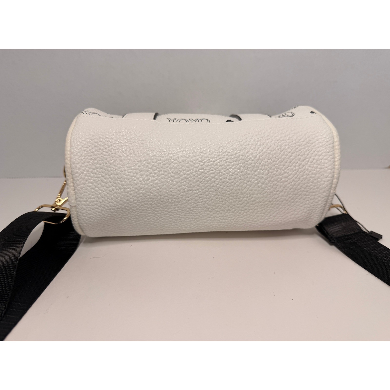 XOXO White Mini Cylinder Duffle Crossbody Bag Heart Print Gold Hardware New