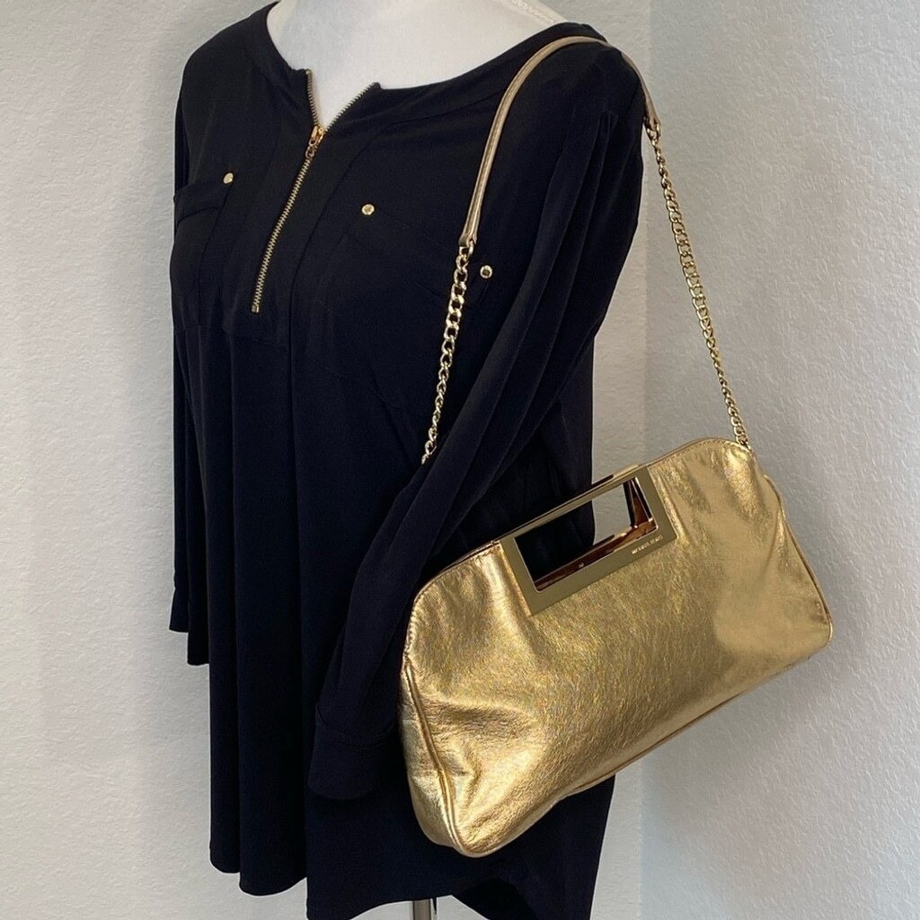 Michael Kors Berkeley Leather Handle Clutch Chain Shoulder Strap Metallic Gold