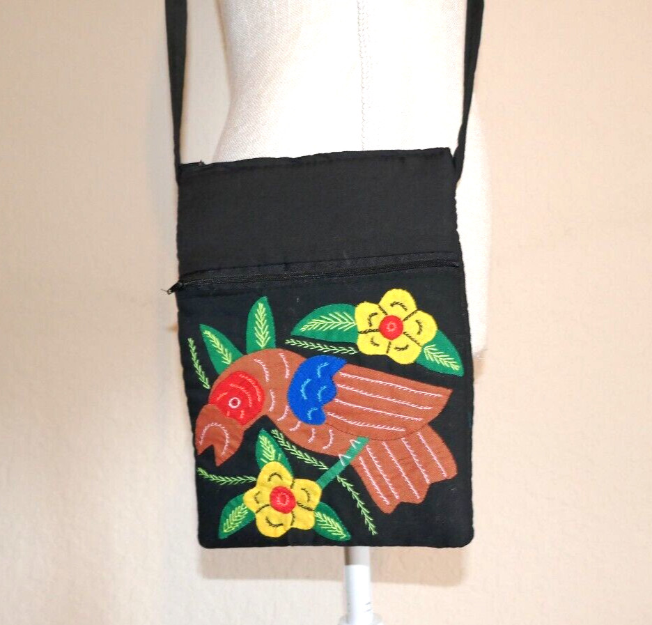 Textile Mola Small Black Folk Art Crossbody Shoulder Bag Bird & Floral 9.5″ x 7″