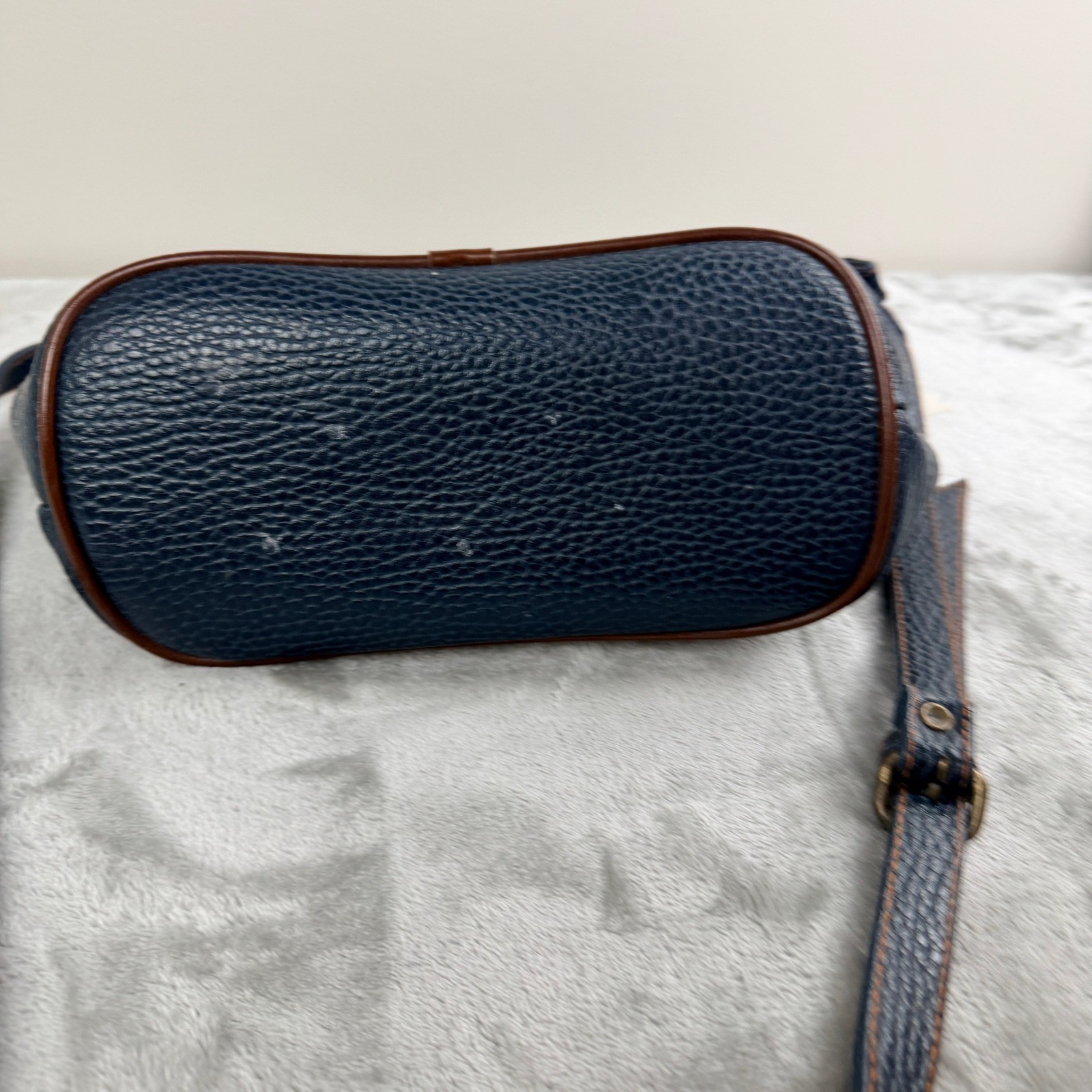JG Hook Navy Blue Pebbled Crossbody Bucket Bag Brown Trim Vintage Nautical Style