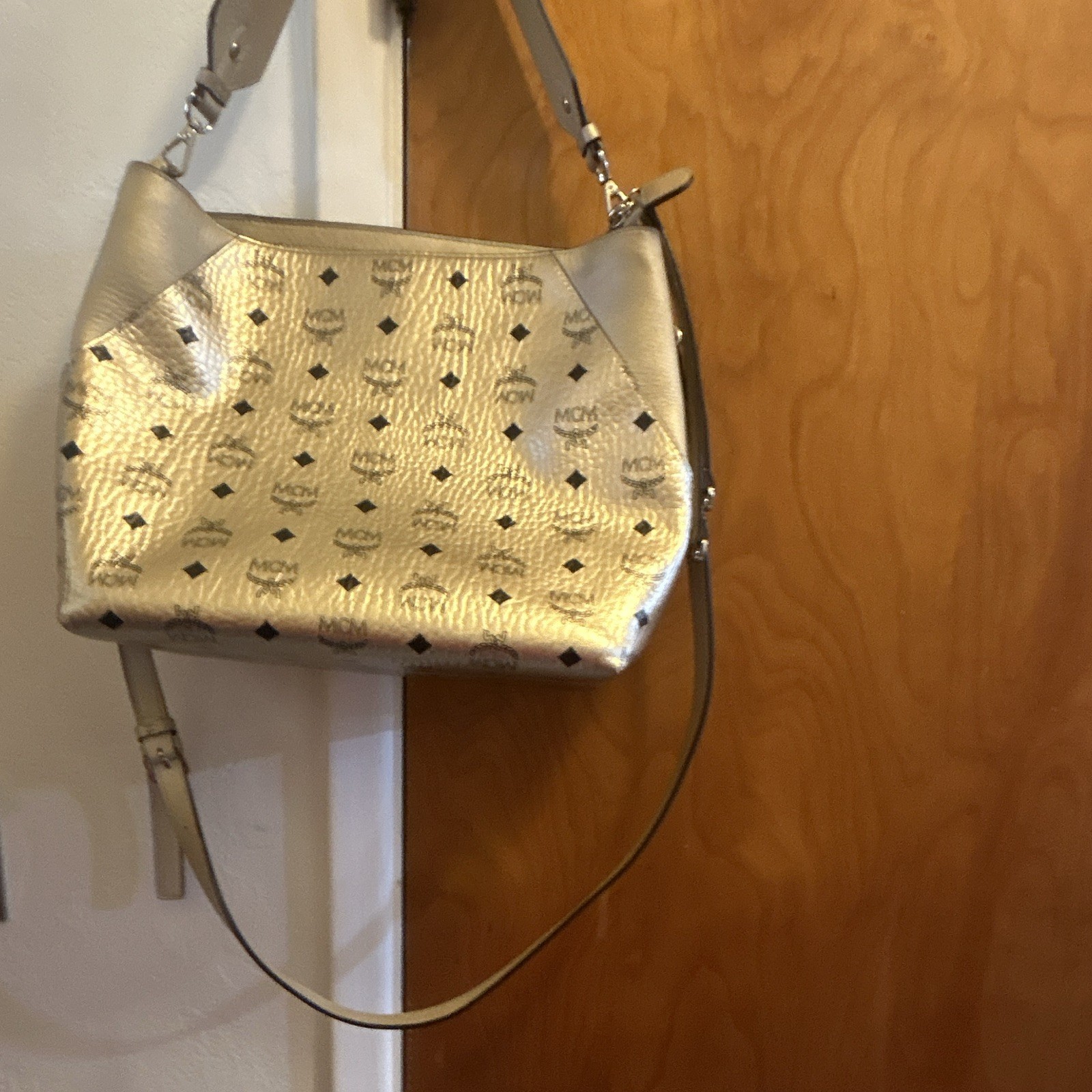 MCM Women’s Metallic Gold Logo Shoulder Bag Zip Closure Detachable Strap