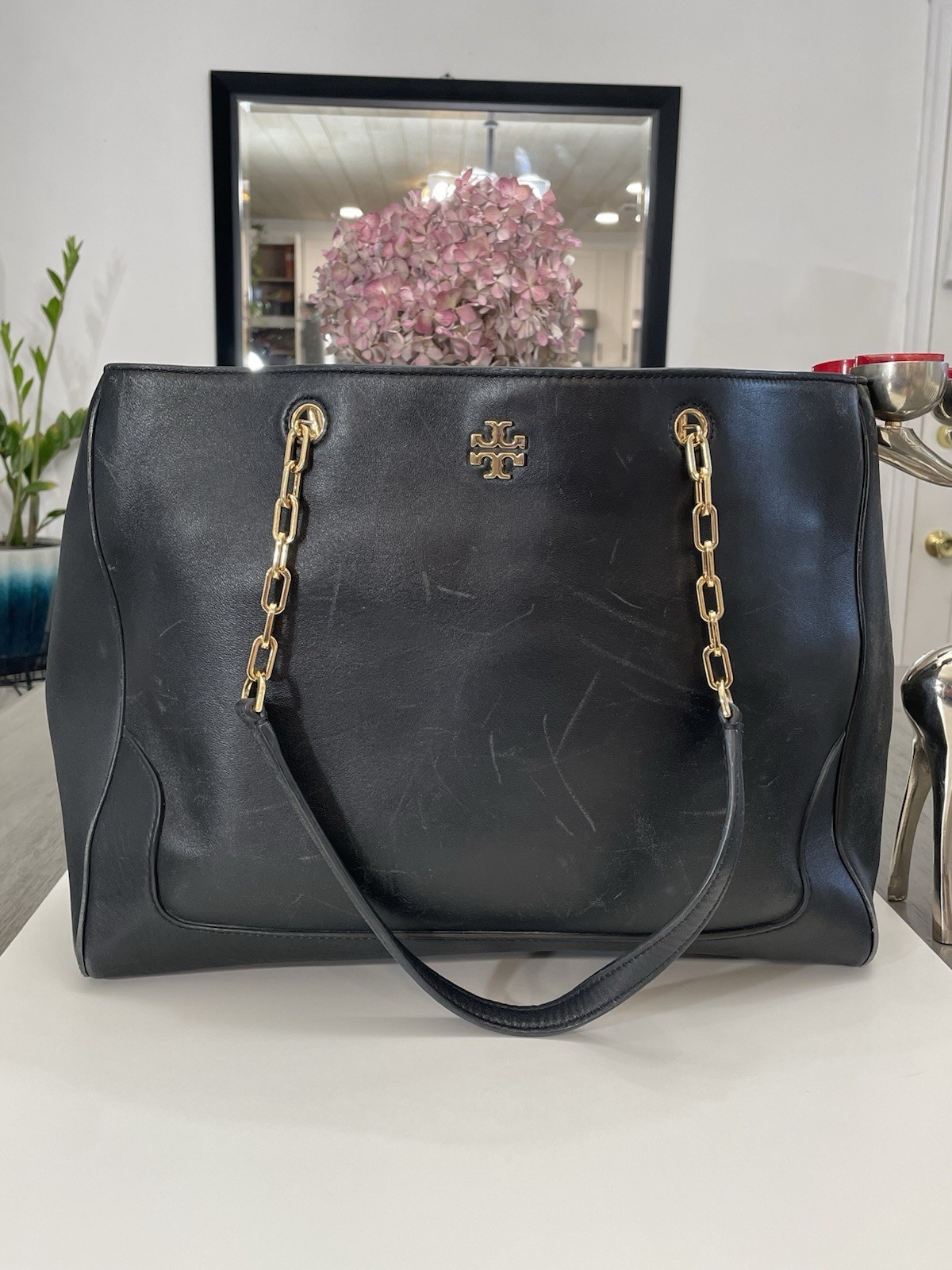 Tory Burch Black Leather Chain Tote Shoulder Bag Large Gold Logo