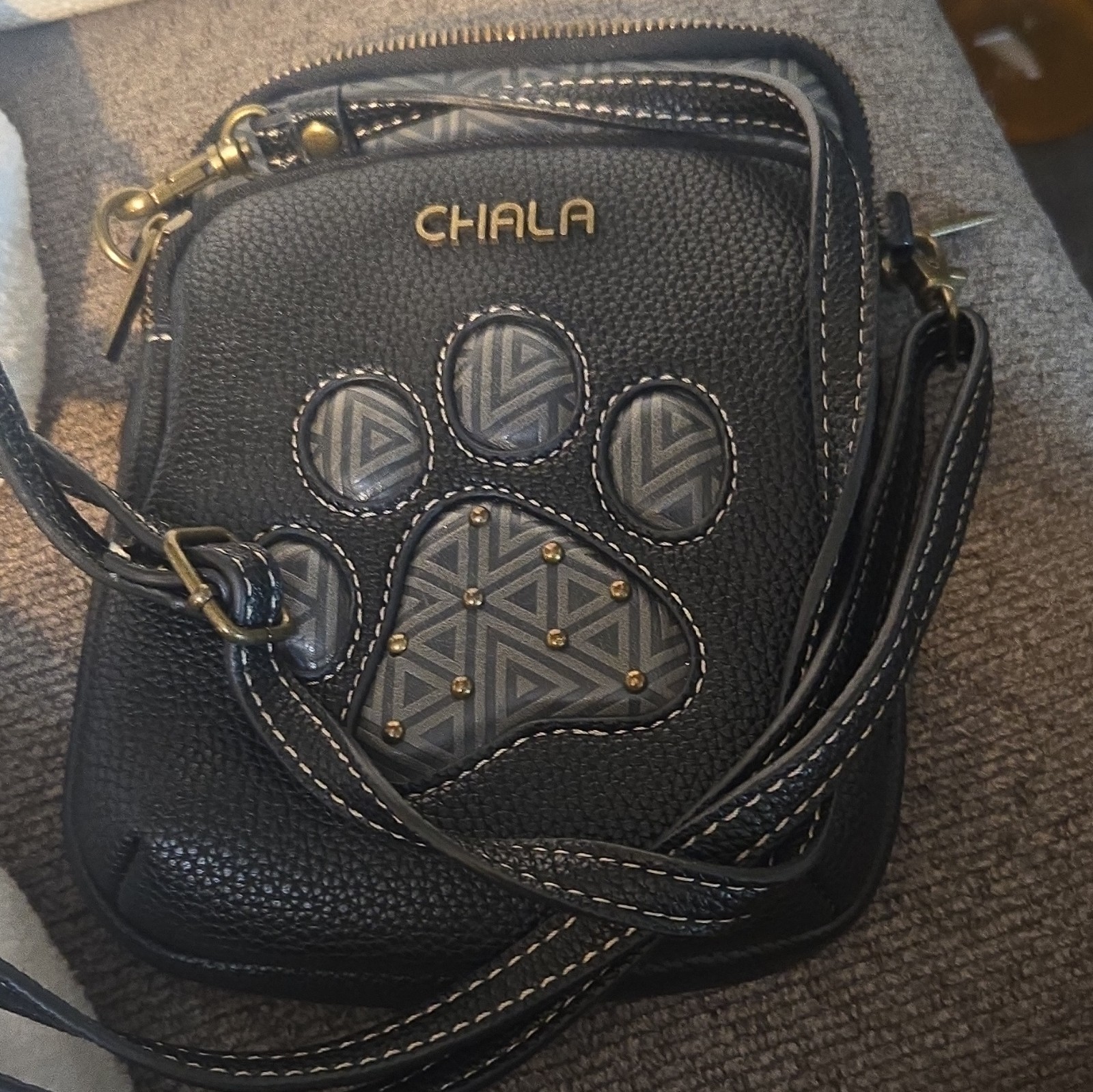 Chala Black Paw Print Crossbody Bag RFID Zip Closure Lined Gold HW
