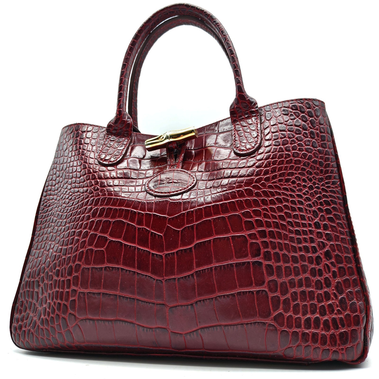 Longchamp Rozo Tote Handbag Red Croc Embossed Leather Toggle Bordeaux Rare