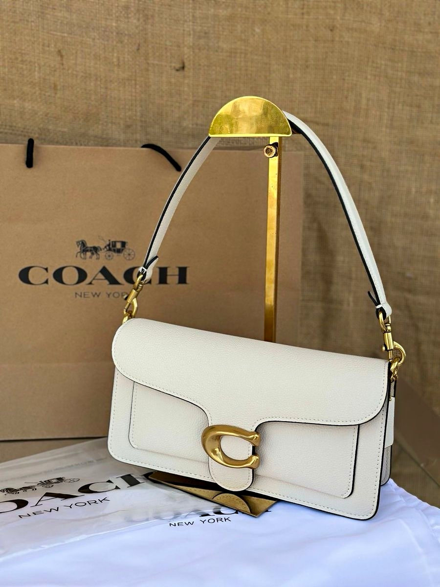 Coach Tabby White Pebbled Shoulder Bag Gold Hardware Push Lock Detachable Strap